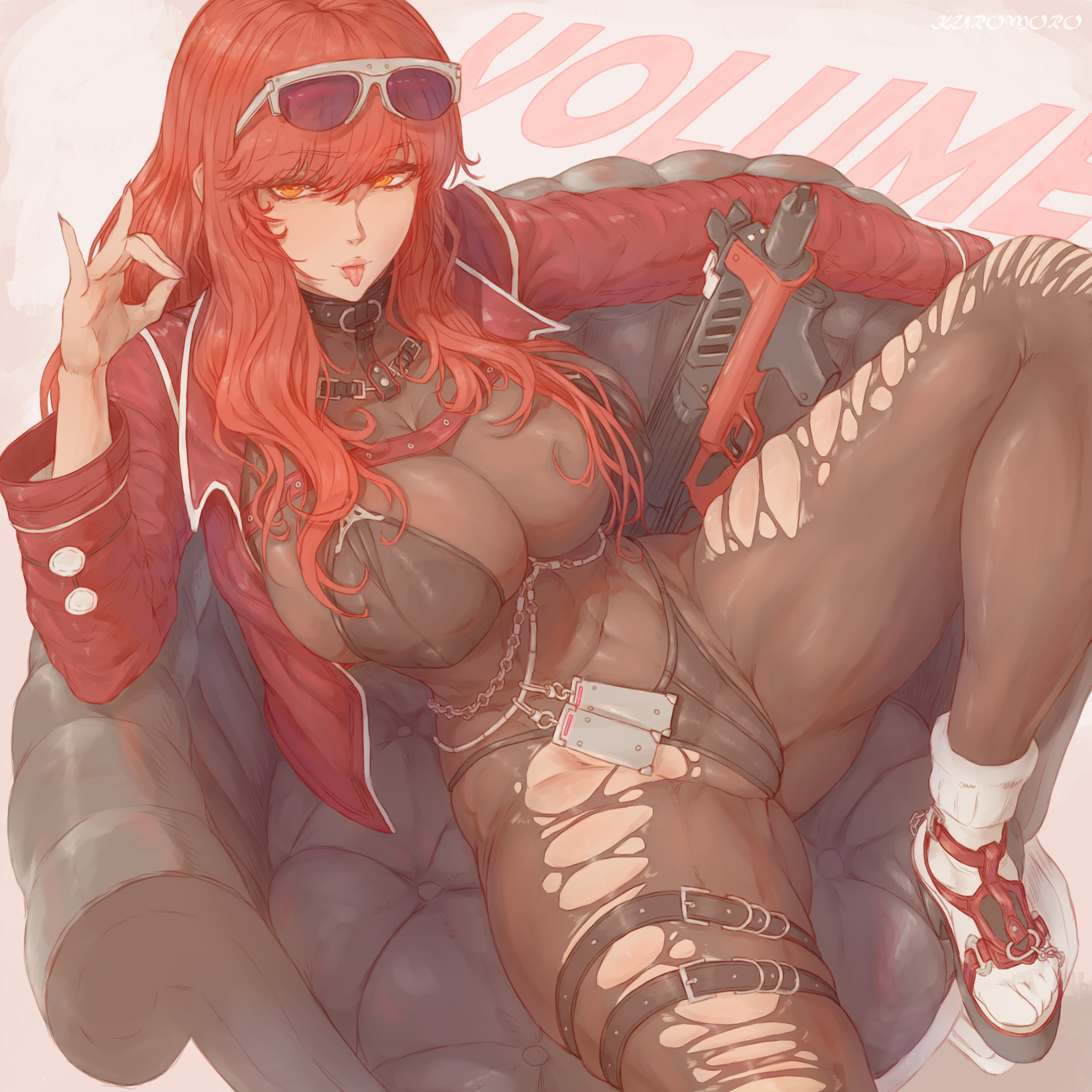 Anime 5000x5000 Nikke: The Goddess of Victory anime girls spread legs Volume (Nikke) redhead long hair bodystocking torn clothes huge breasts cleavage thick thigh open jacket sunglasses girls with guns weapon yellow eyes black bikinis looking up tongue out bikini thick body couch nipple bulge red jackets thigh strap cameltoe body harness white socks tight clothing signature hand gesture kuromoro orange eyes thighs gun legs collar abs OK sign