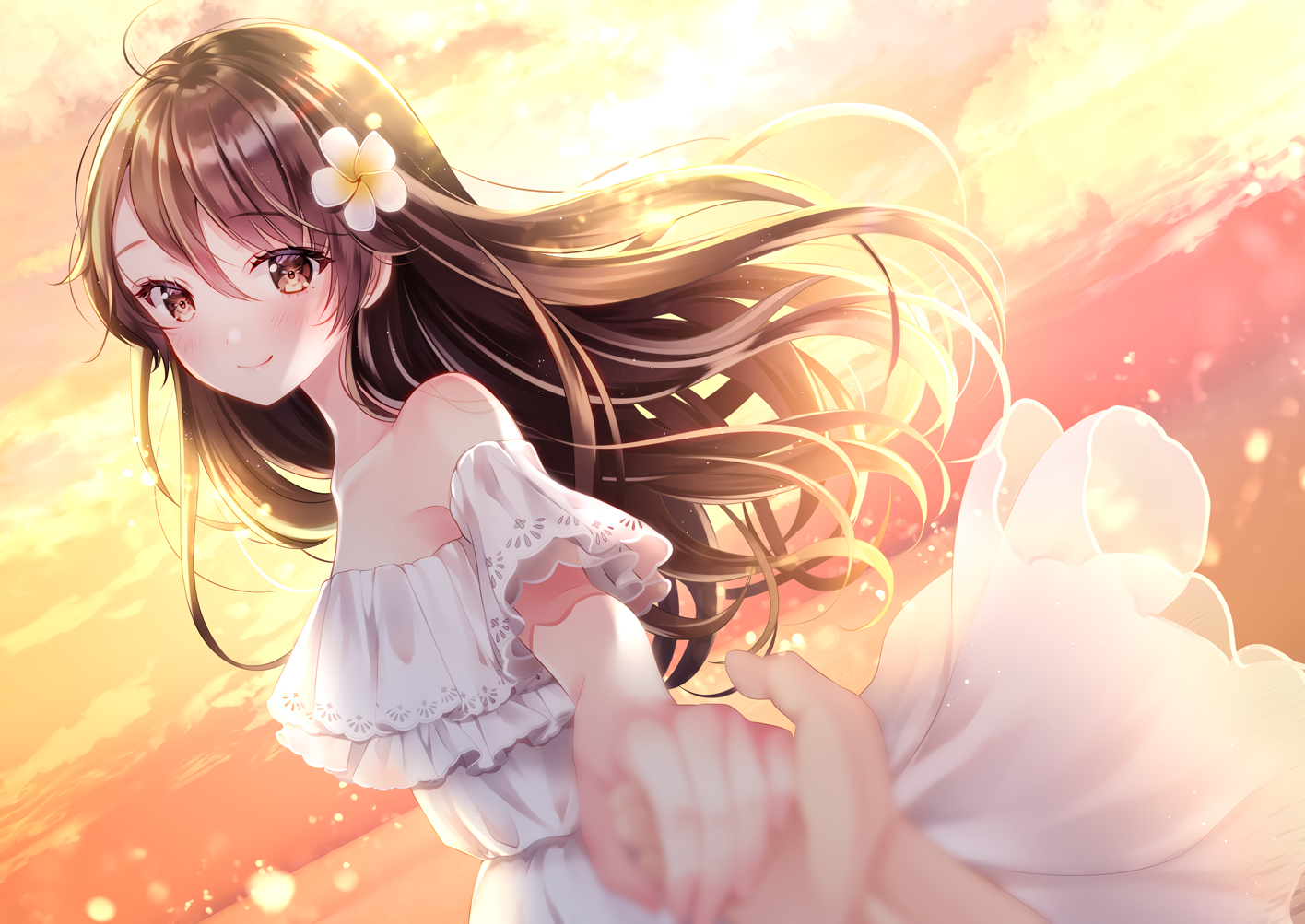 Anime 1416x1003 anime anime girls flower in hair long hair smiling brunette brown eyes sunlight sunset sunset glow dress holding hands looking at viewer blushing clouds sky