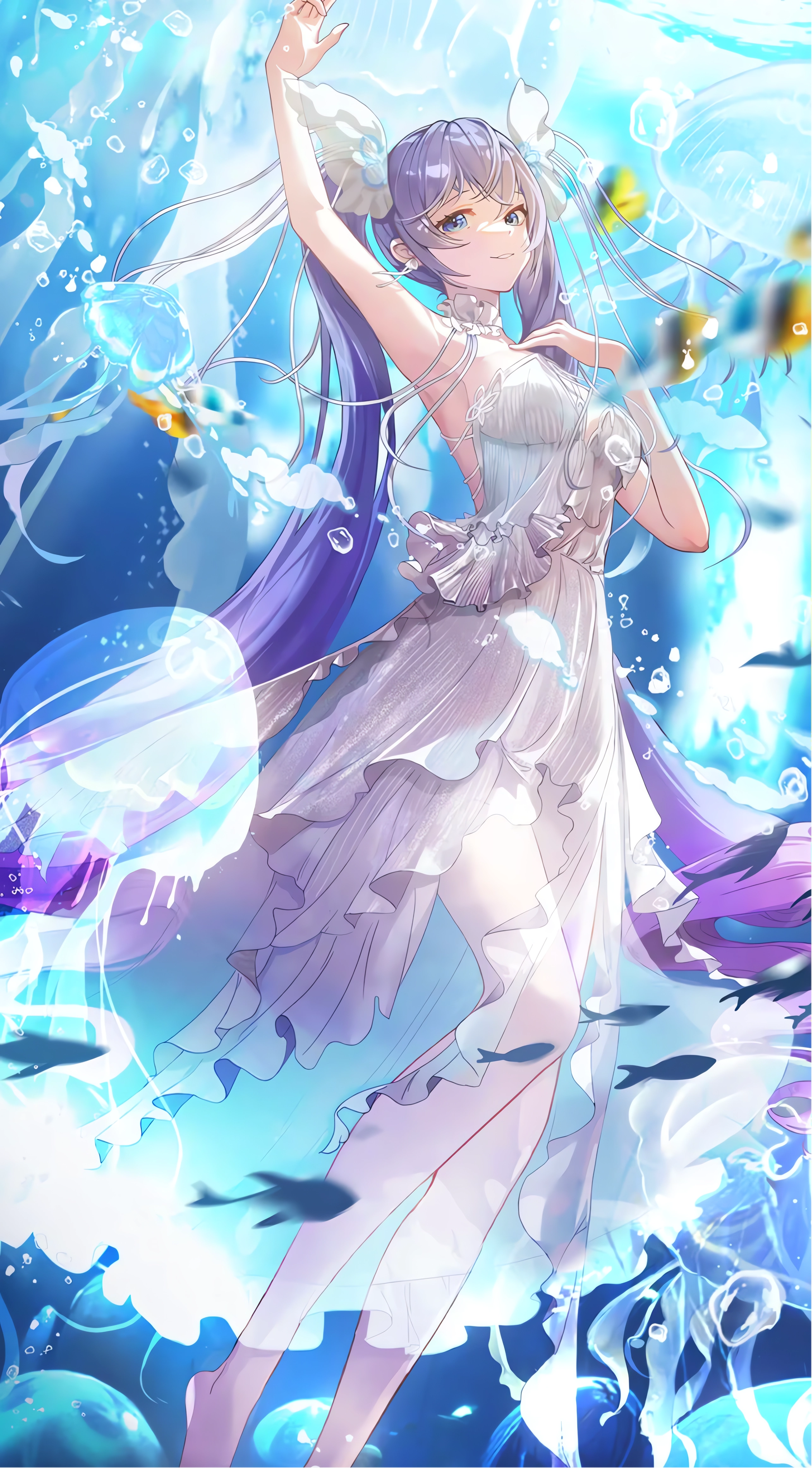 Anime 2570x4646 anime anime girls portrait display twintails long hair smiling fish dress bubbles looking at viewer armpits water underwater jellyfish animals