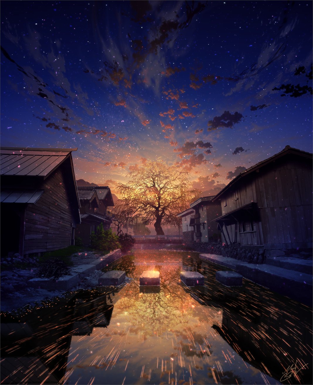 Anime 1068x1314 Mocha portrait display starred sky starry night house water trees dusk sunset stars sky clouds bushes signature outdoors reflection scenery