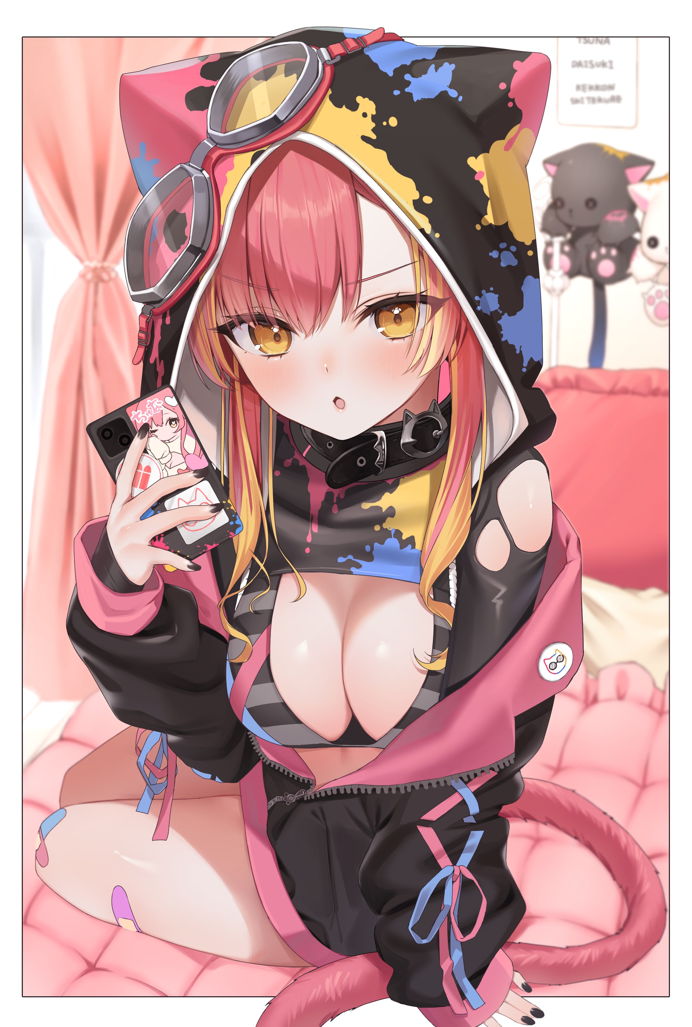 Anime 2365x3508 anime anime girls Virtual eSports Project (VSPO!) Nekota tsuna bra striped bra jacket hoods looking at viewer open jacket unzipped painted nails black nails phone open mouth cat girl cat tail tail two tone hair orange eyes puffy sleeves band-aid goggles blurred cleavage big boobs blurry background sitting paint splatter in bed blushing portrait display