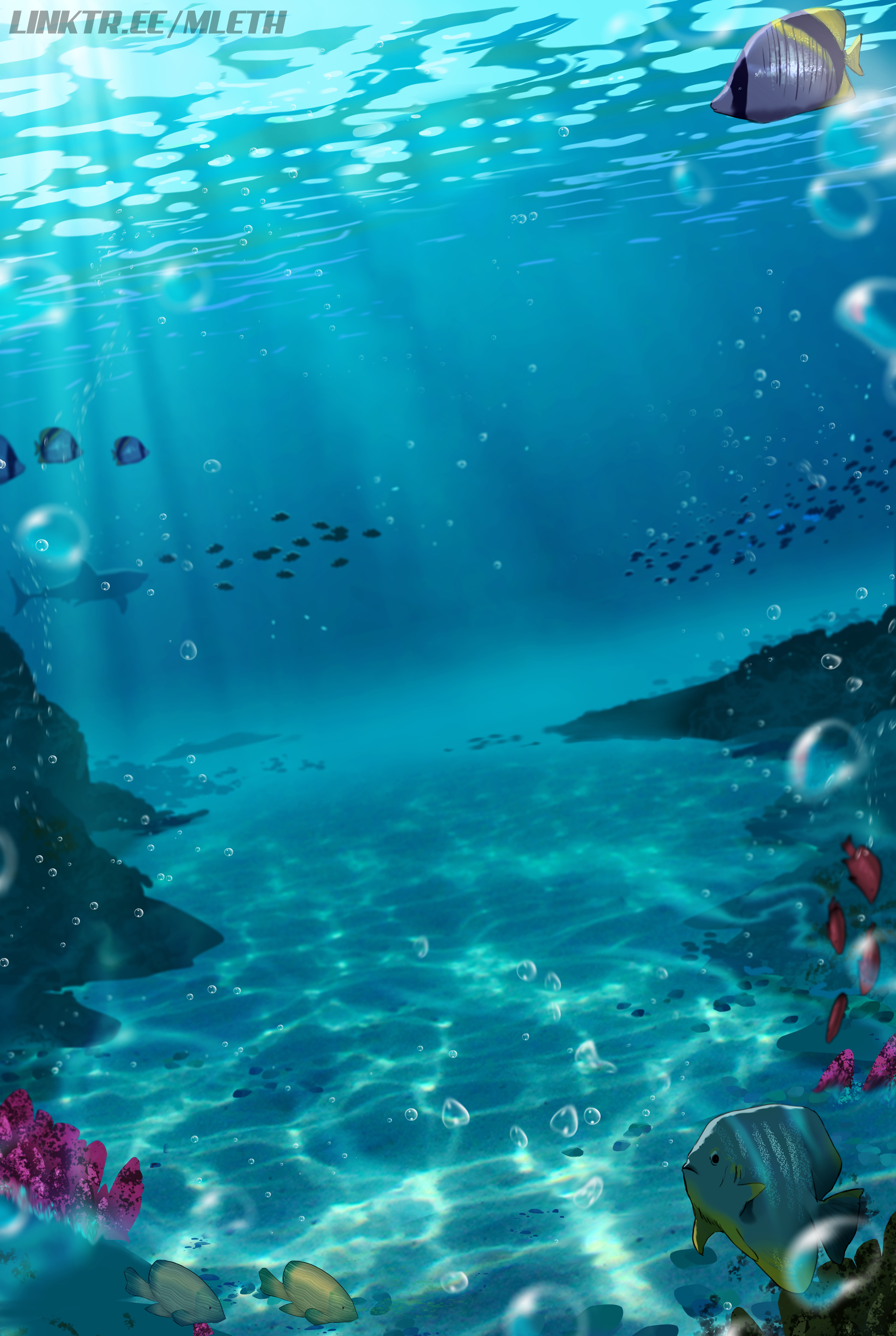 General 3626x5405 MLeth depth of field underwater digital art fish animals shark bubbles sea life coral blurry background water rocks nature sea