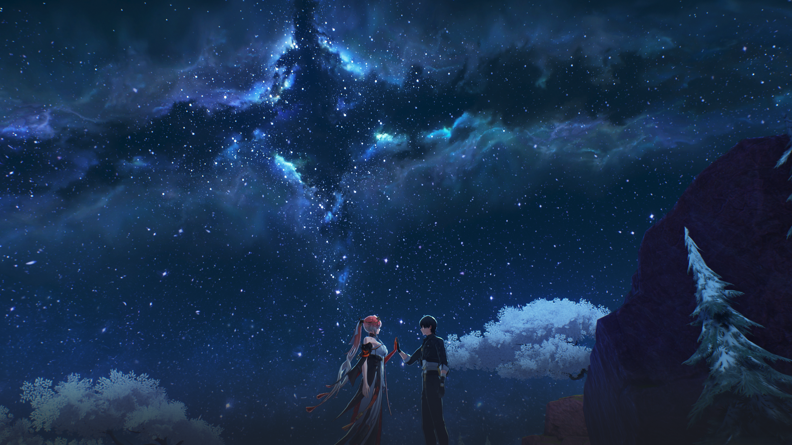 Anime 2560x1440 Wuthering Waves Changli (Wuthering Waves) screen shot anime screenshot Rover (Wuthering Waves) pink hair holding hands night night sky
