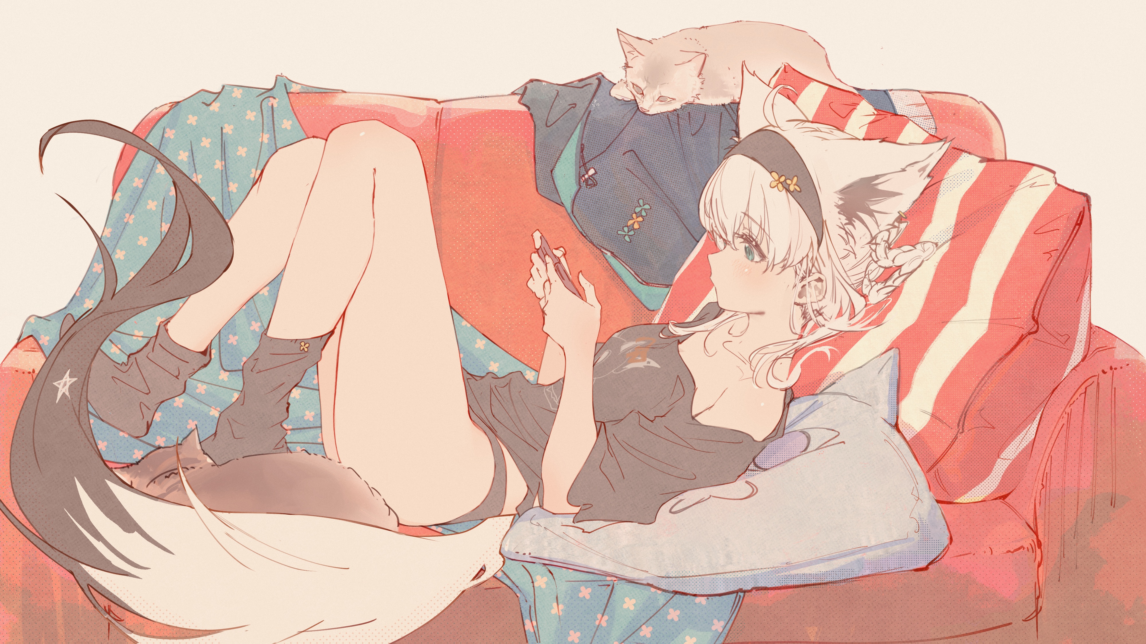 Anime 4000x2250 Hololive Shirakami Fubuki Virtual Youtuber bent legs Hyde (Artist) anime girls lying down lying on back black socks  animals cats socks panties black panties wolf ears wolf tail wolf girls pillow one bare shoulder anime couch ahoge off shoulder clothes white hair blue eyes bright