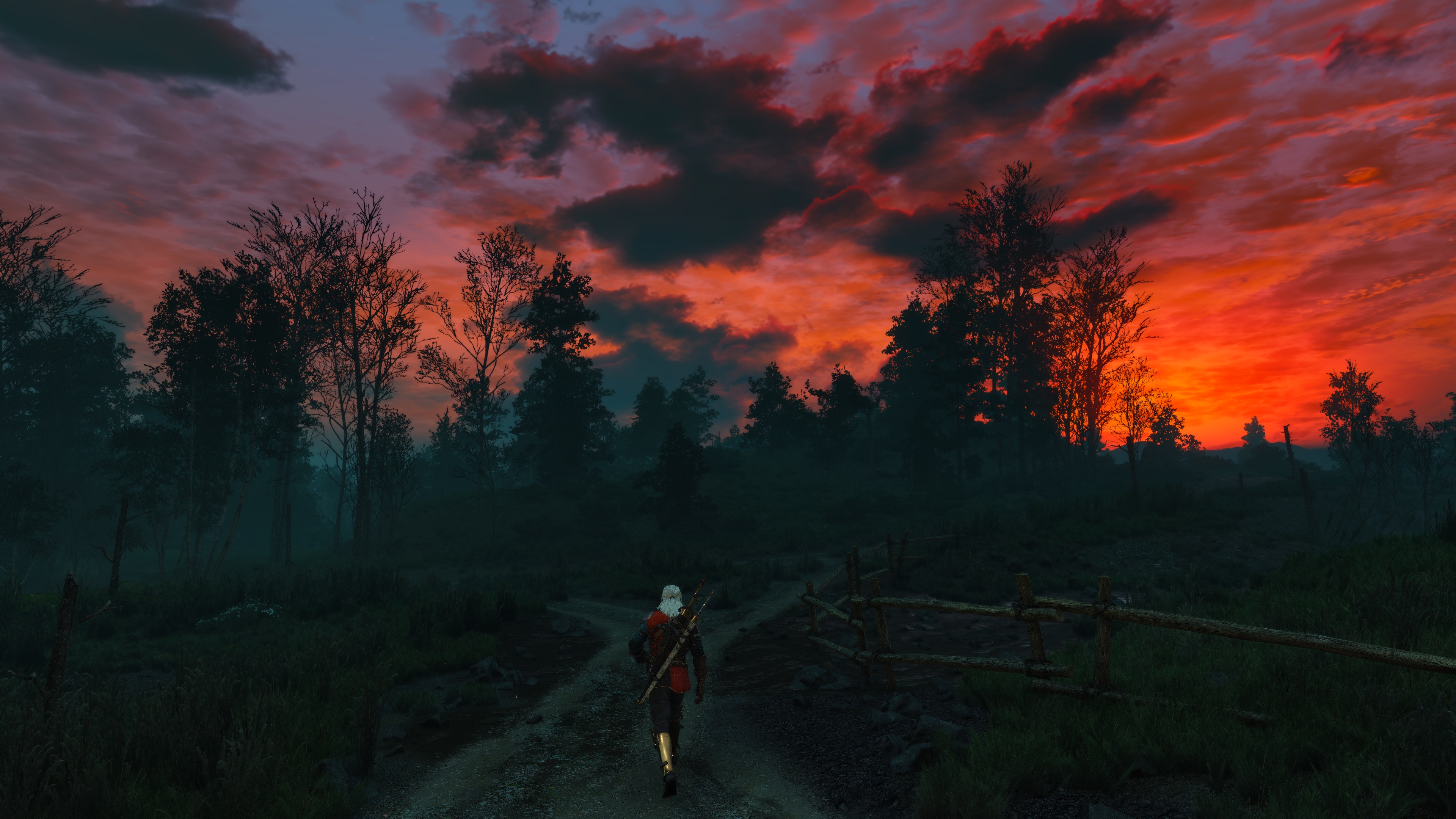 General 3840x2160 The Witcher 3: Wild Hunt screen shot PC gaming Geralt of Rivia sunset forest video games video game art walking video game characters CGI sunset glow sunlight trees sky clouds sword men with swords path men outdoors outdoors