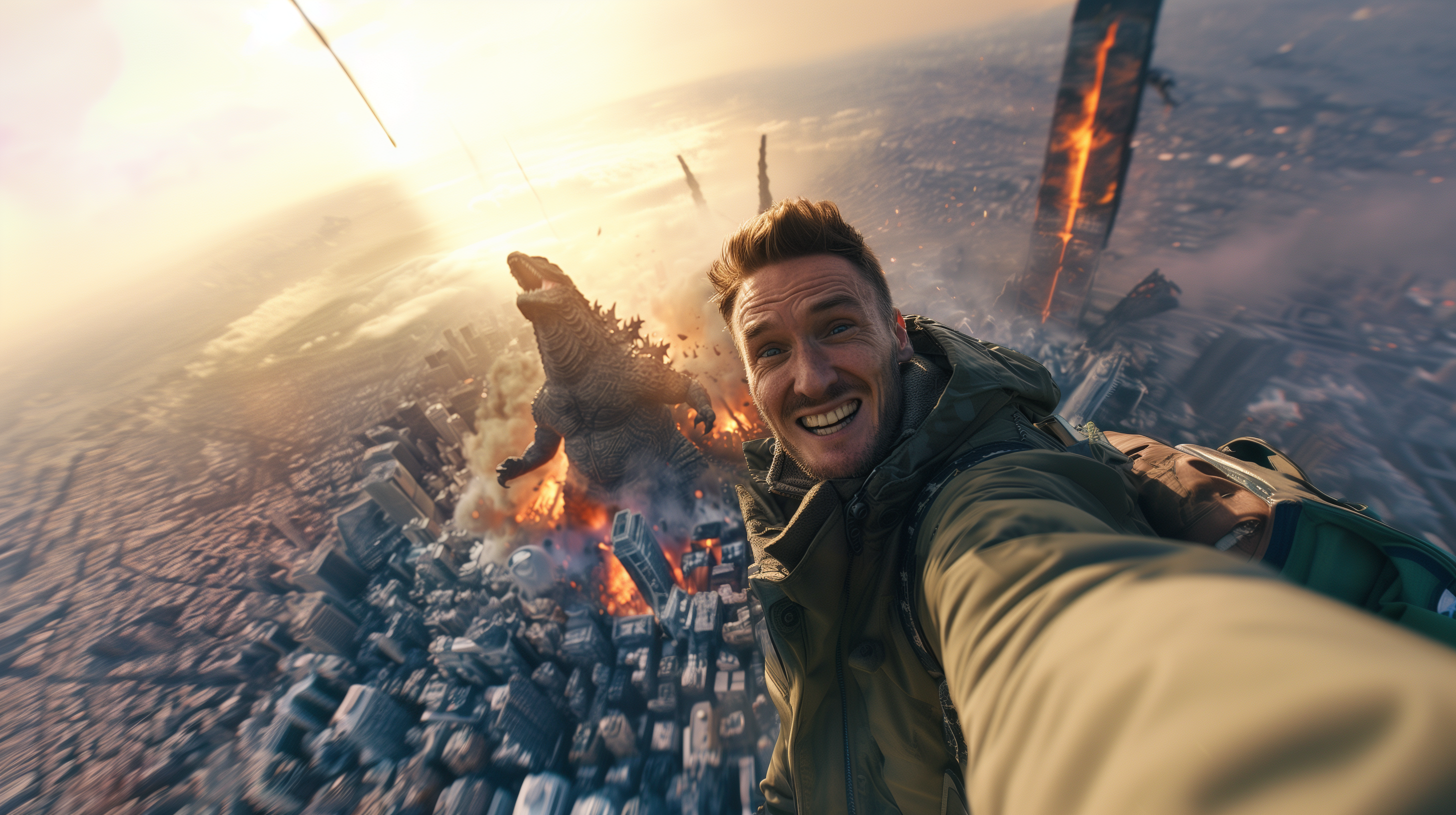 General 2912x1632 AI art Godzilla selfies destruction city helicopters fire beard jacket
