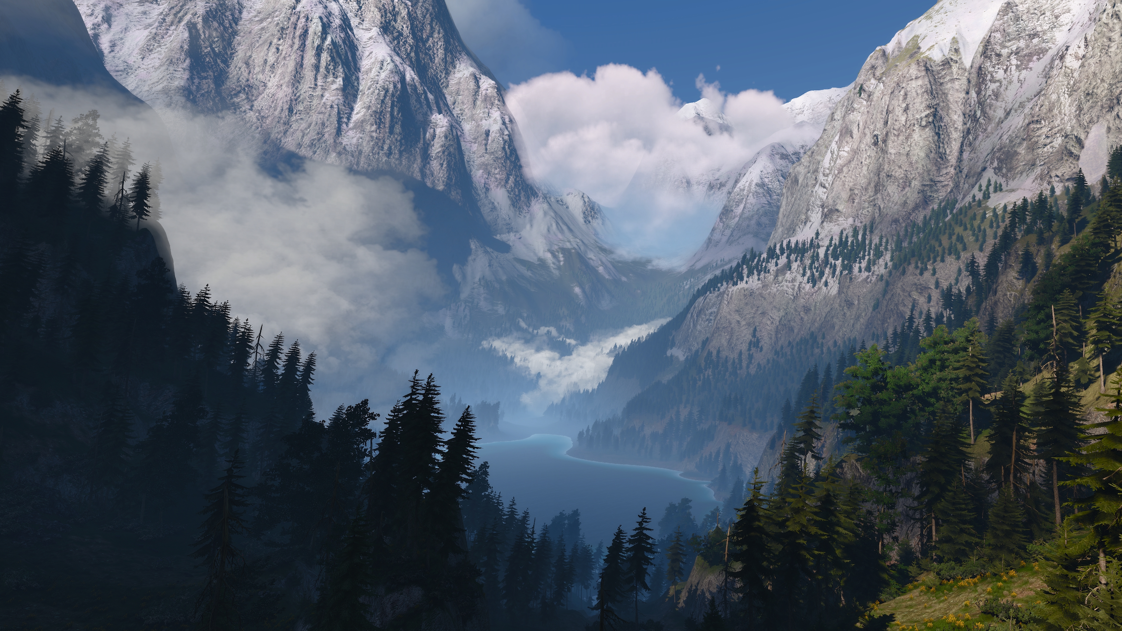 General 3840x2160 The Witcher 3: Wild Hunt screen shot PC gaming Kaer Morhen video games video game art digital art mountains water lake trees clouds sky forest CGI nature snow