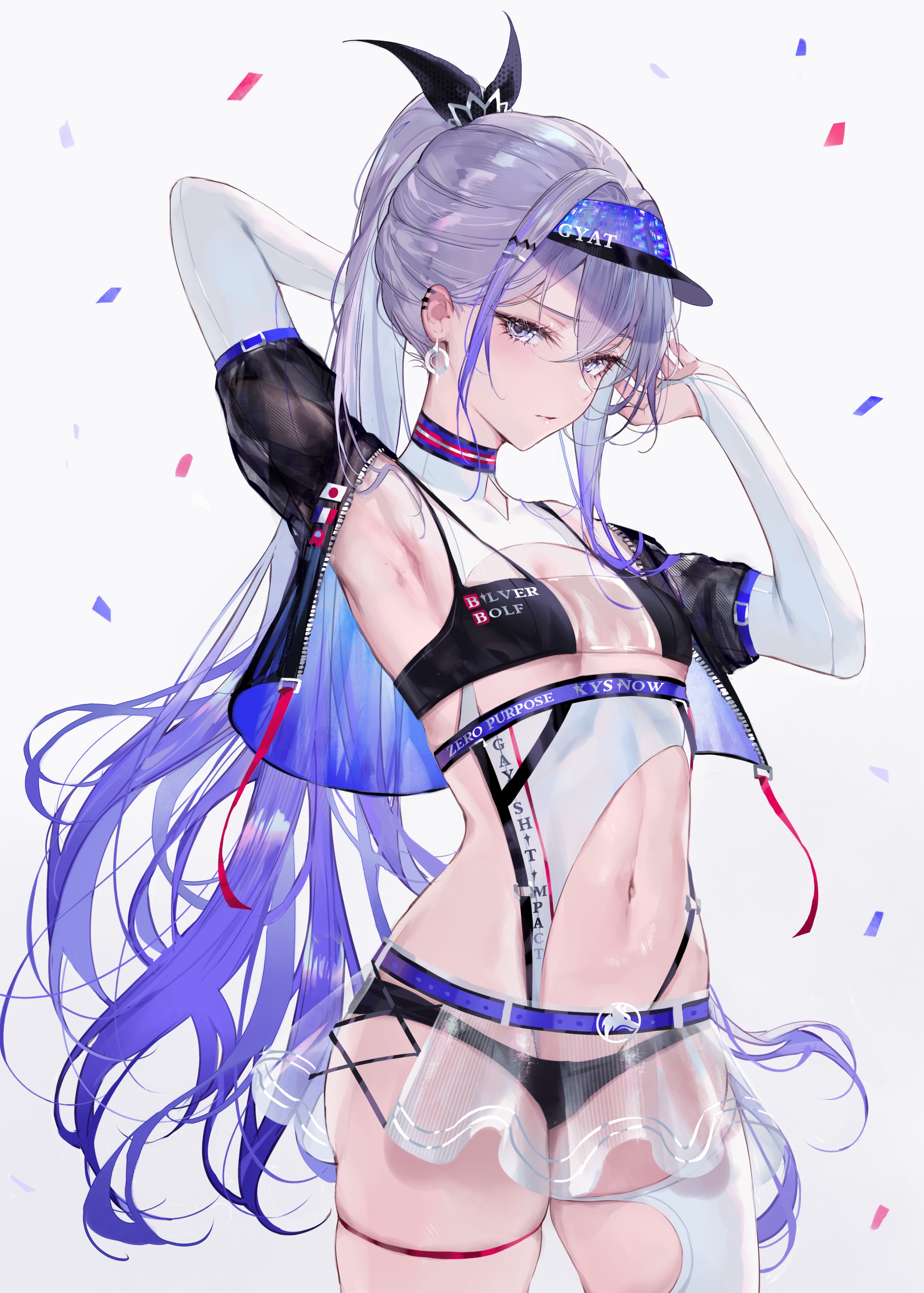 Anime 2501x3500 Honkai: Star Rail Silver Wolf (Honkai: Star Rail) anime anime games anime girls Qiandaiyiyu portrait display standing simple background skinny white background earring arm(s) behind back jacket skindentation small boobs hair between eyes long hair purple hair blue eyes black panties panties ponytail looking at viewer armpits arms up closed mouth confetti