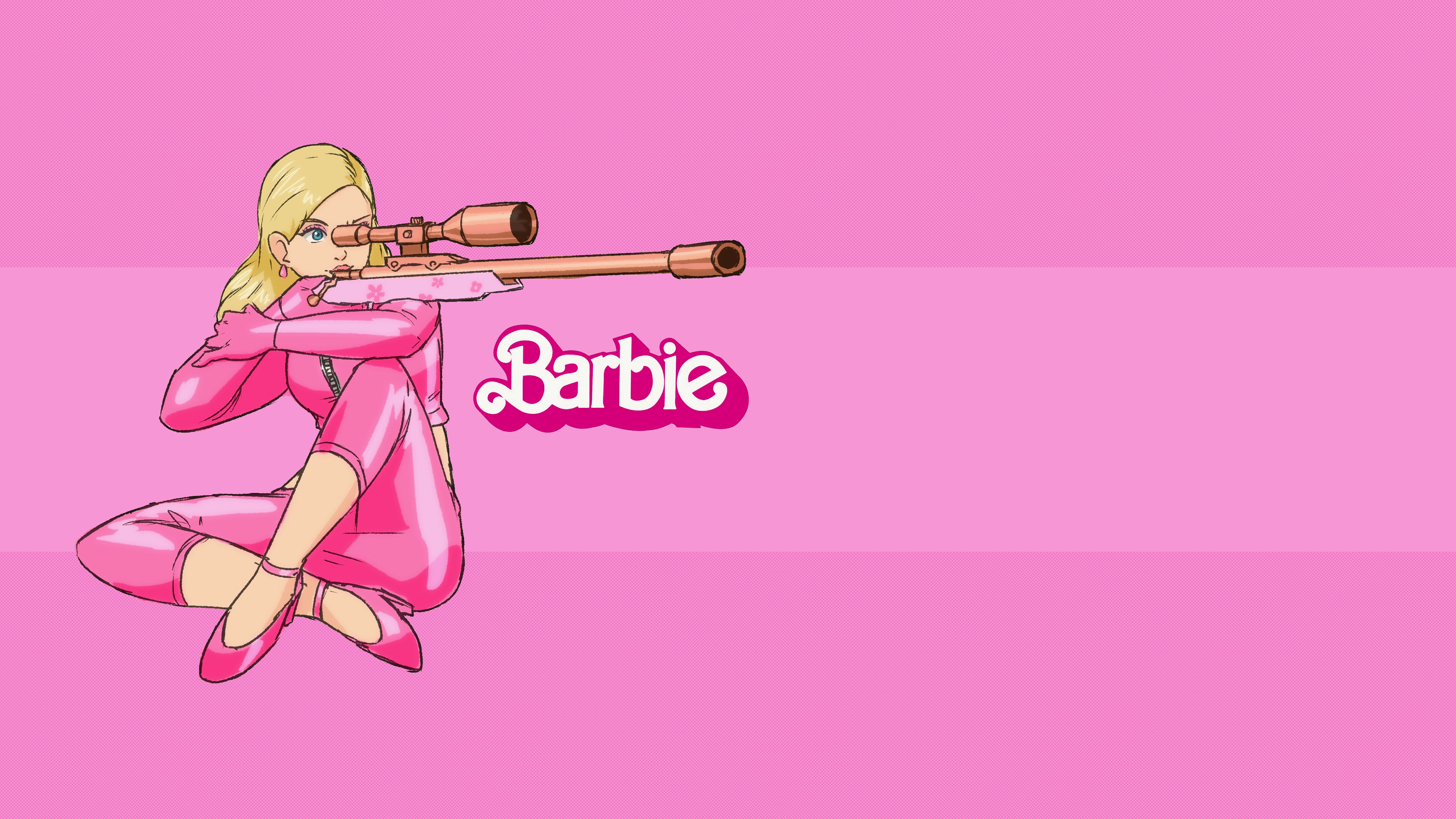 General 3840x2160 long hair Barbie Barbie (2023) blonde sniper rifle weapon gun rifles blue eyes pink background jumpsuit pink gloves crop top simple background gloves aiming pink shoes girls with guns sitting