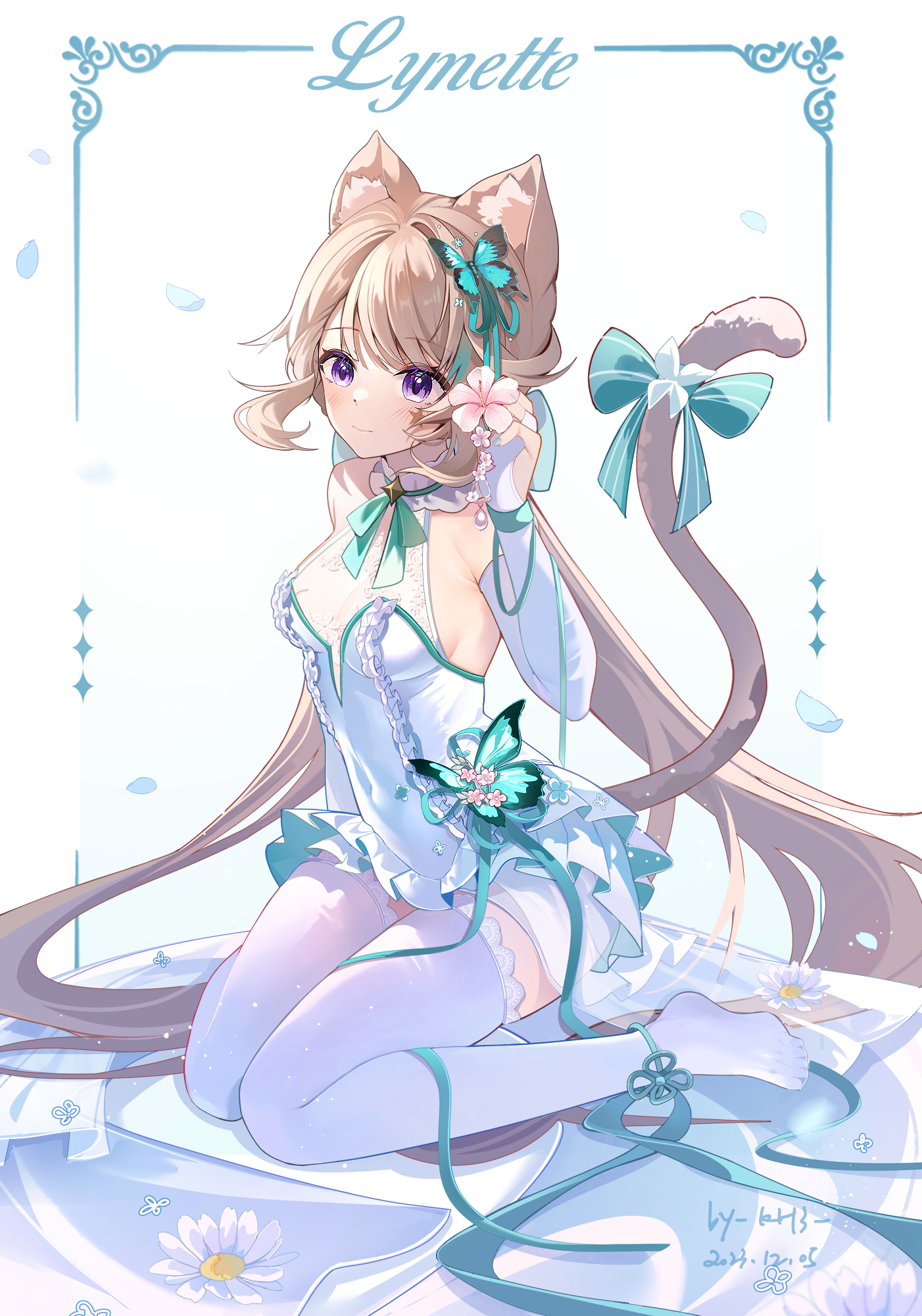 Anime 1402x2000 anime anime girls Lynette (Genshin Impact) Genshin Impact kneeling Miaoguujuun long hair portrait display bright simple background dress white background flowers closed mouth blushing brunette purple eyes white stockings stockings bow tie hair ornament petals ribbon cat ears cat tail cat girl signature 2023 (year) wariza