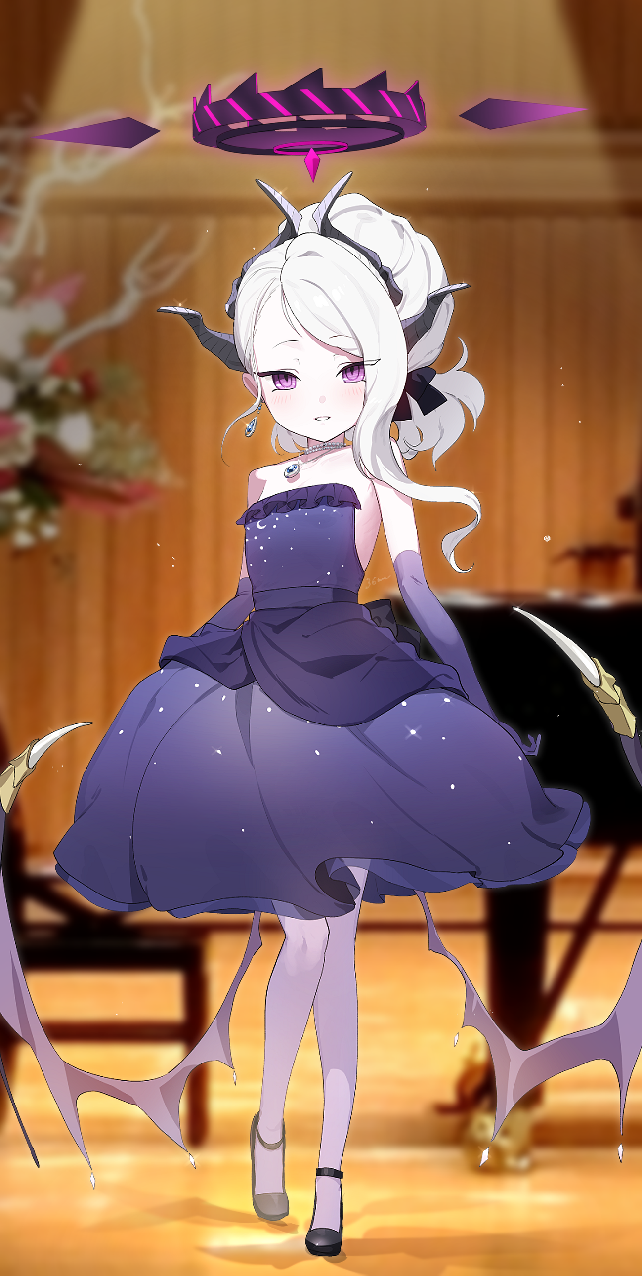 Anime 1299x2582 portrait display dress Sorasaki Hina (Blue Archive) long hair demon horns anime girls Blue Archive anime girl with wings looking at viewer fan art mimumiri elbow gloves purple gloves gloves musical instrument piano standing parted lips gemstone necklace lights