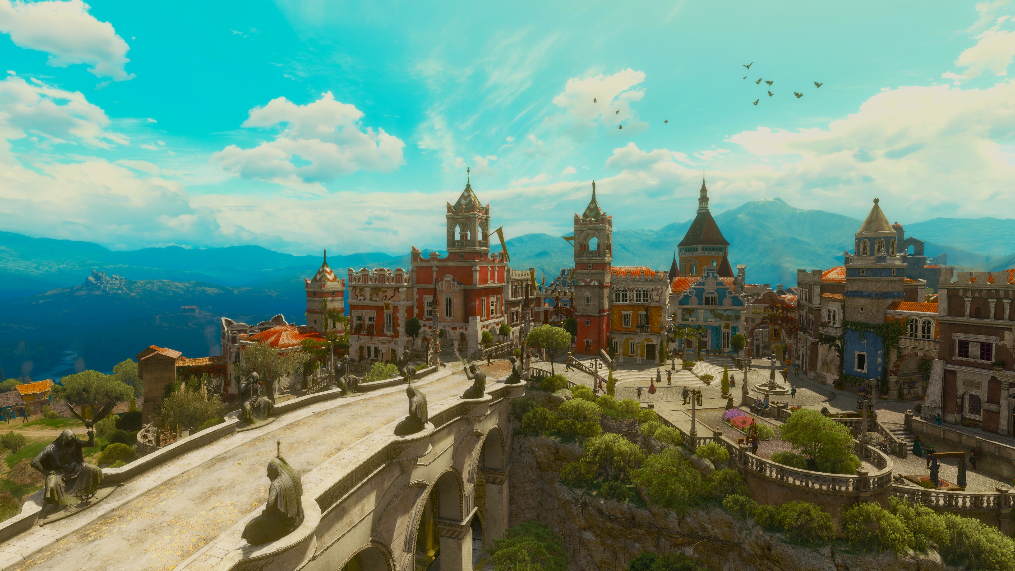 General 3840x2160 The Witcher 3: Wild Hunt screen shot PC gaming Beauclair video game art video games clouds sunlight building sky town CGI birds statue trees