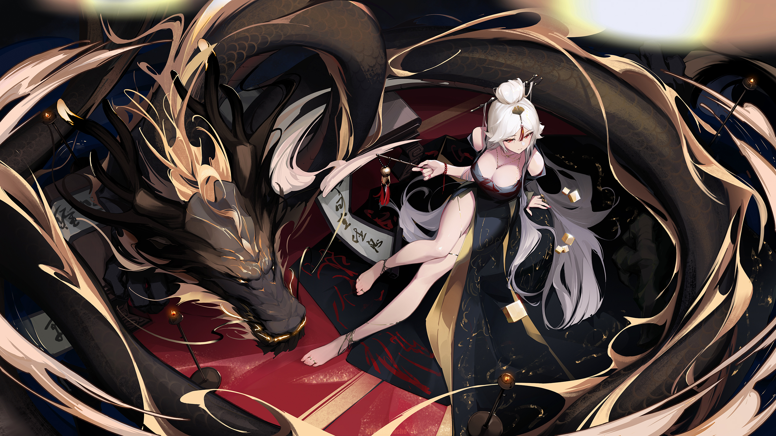 Anime 2560x1440 Genshin Impact artwork Ningguang (Genshin Impact) anime anime girls white hair red eyes cleavage black dress bracelets necklace necklace between boobs barefoot HTKJheadache tassels bare shoulders creature long hair big boobs closed mouth looking at viewer smiling