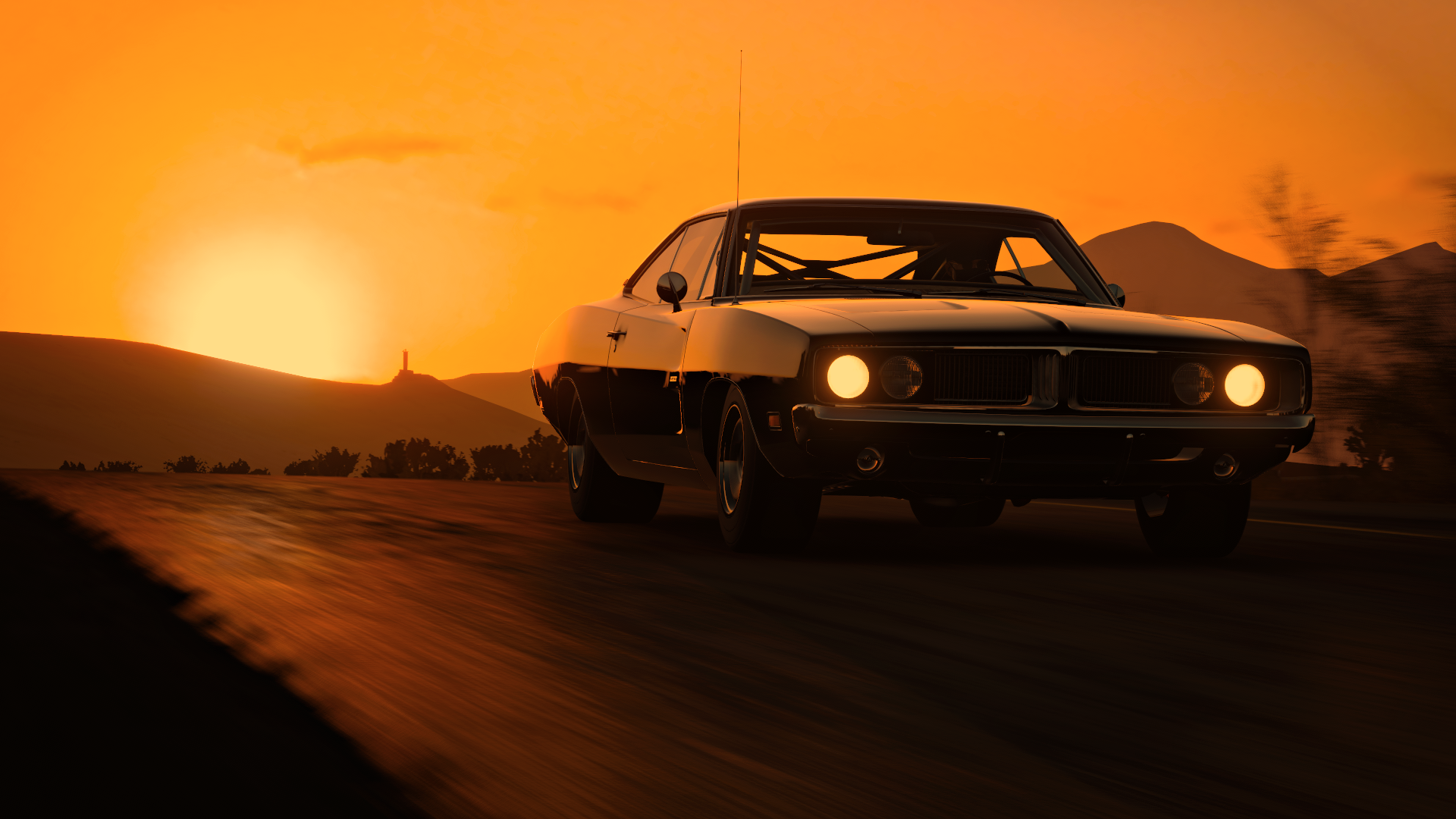 General 1920x1080 Forza Forza Horizon 5 orange dark Sun black road car Dodge Charger Dodge muscle cars American cars PlaygroundGames vehicle video games headlights frontal view sunset sunset glow sunlight motion blur blurred sky video game art