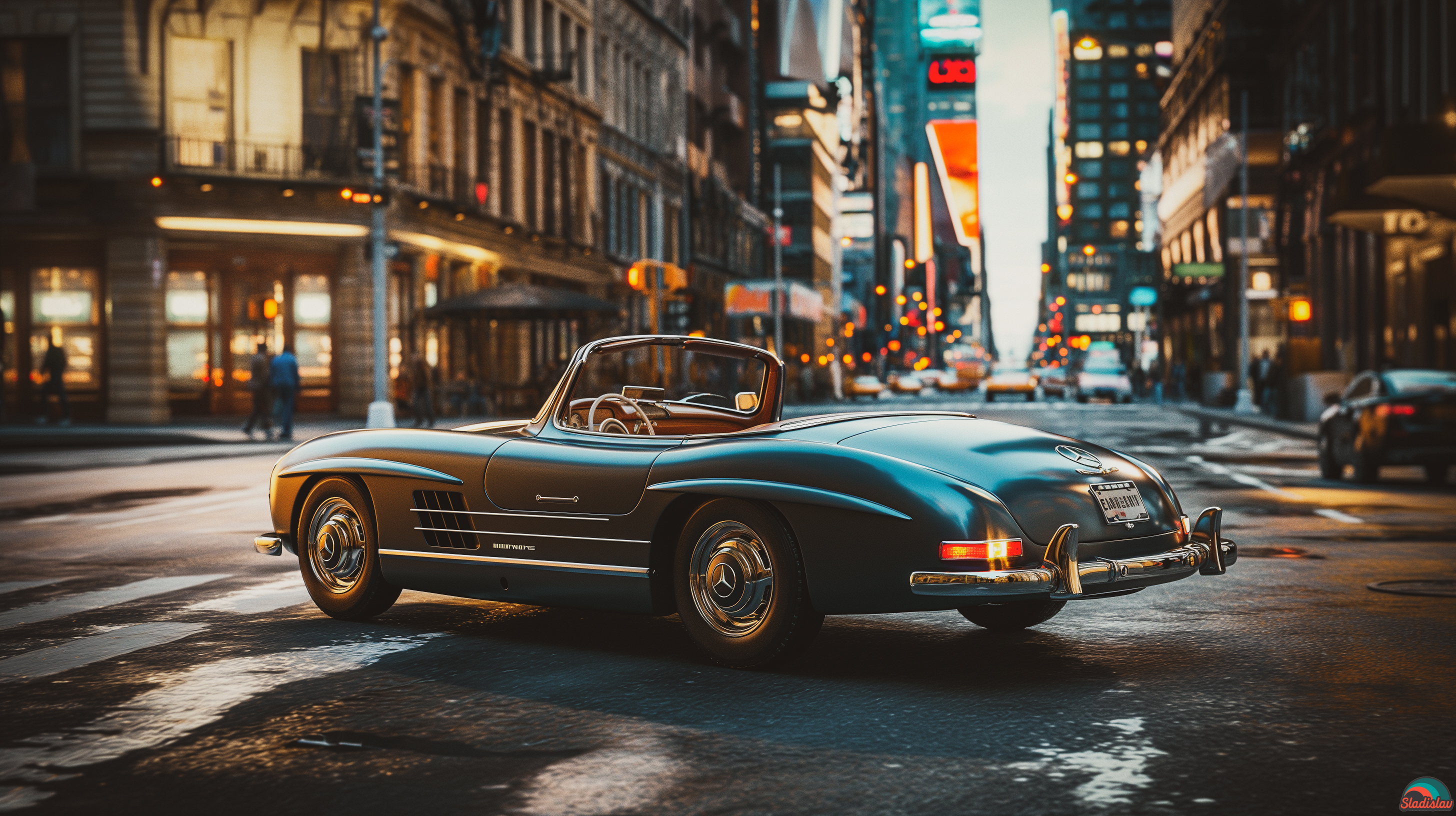 General 2912x1632 AI art Mercedes-Benz 300SL vehicle blue cars rear view taillights depth of field crosswalk building watermarked city lights licence plates car signs street people