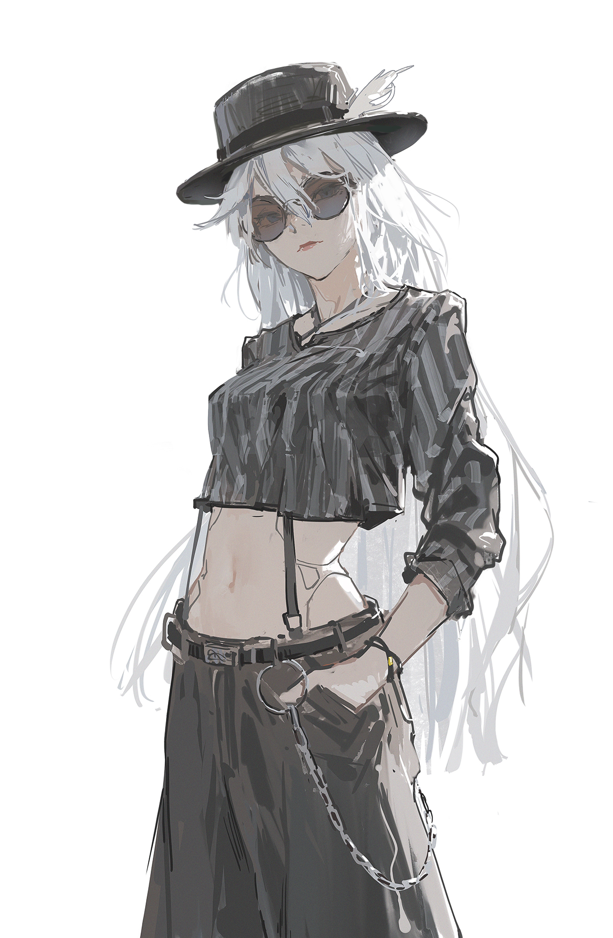 Anime 1200x1835 Dino Art anime anime girls Nier: Automata A2 (Nier: Automata) skinny hands in pockets standing hair between eyes long hair women with shades belly hat women with hats simple background chains white background straps looking at viewer pants portrait display white hair closed mouth blue eyes long sleeves bracelets bare midriff sunglasses