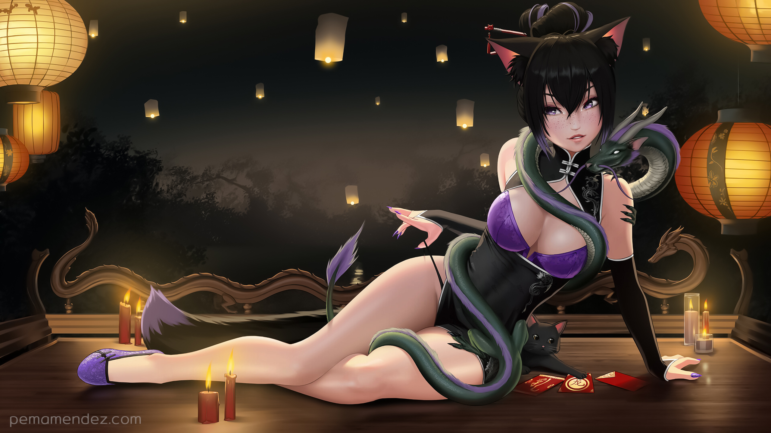 General 2560x1440 Emanuel Mendez women drawing pulling clothing Chinese candles digital art watermarked hair between eyes cat girl cat ears bare shoulders cleavage big boobs sky lanterns painted nails purple nails black hair parted lips freckles creature thighs legs fire cats animals cat tail