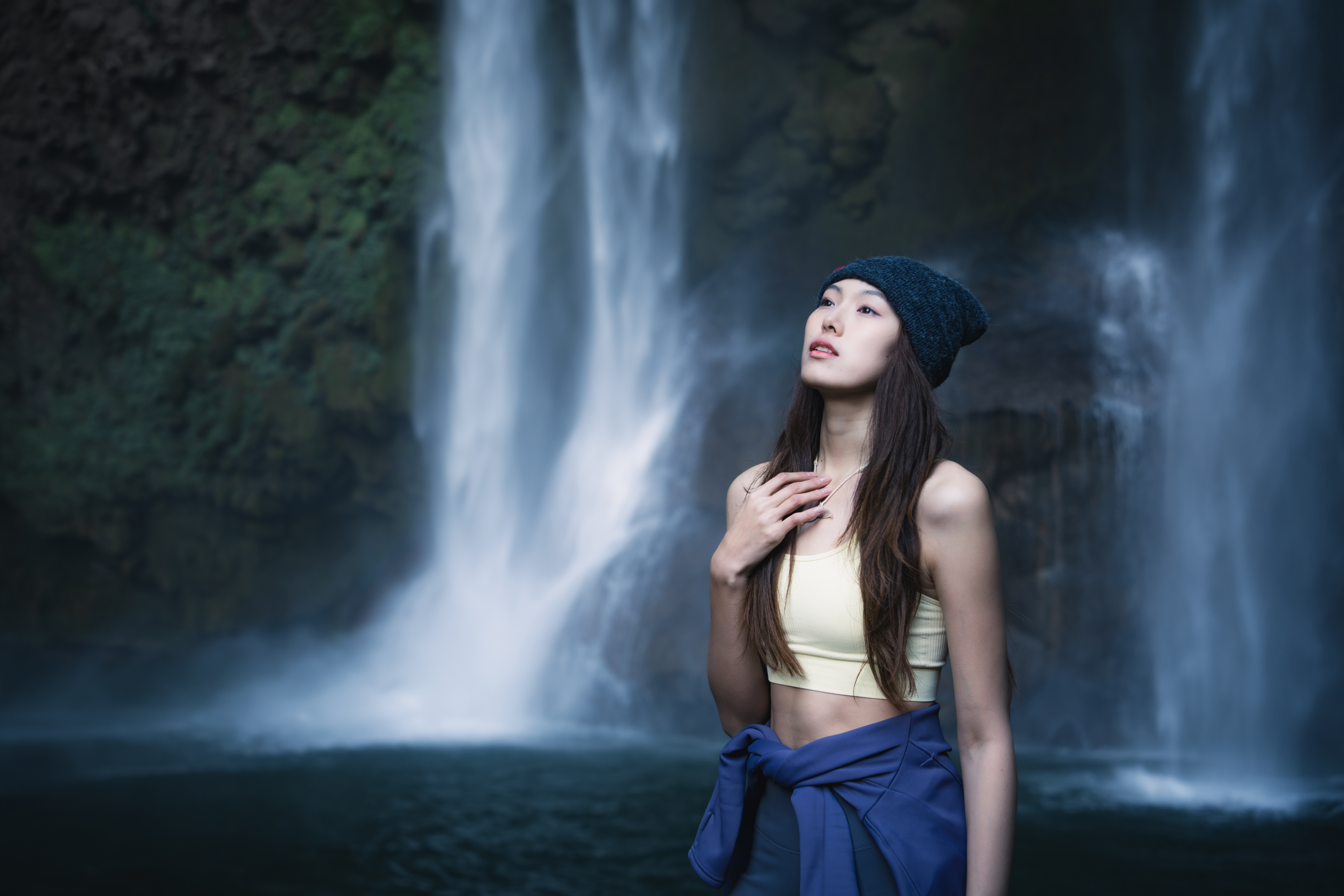 People 7008x4672 Asian waterfall model women women outdoors nature water dark hair long hair beanie watch