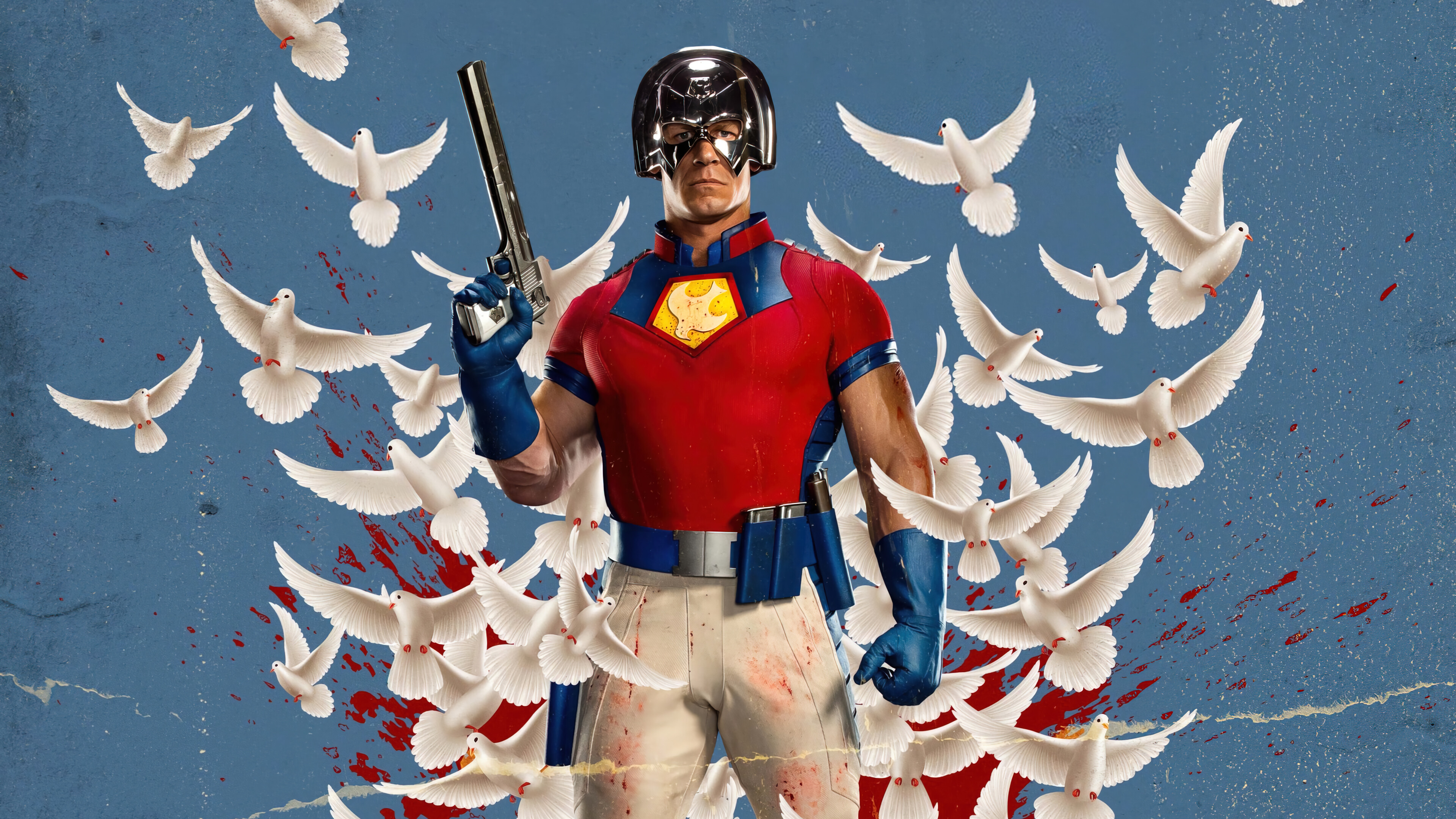 General 3840x2160 Peacemaker (DC Comics) comics John Cena boys with guns standing looking at viewer birds simple background gun digital art blue gloves gloves short sleeves closed mouth frontal view muscles blood wings helmet men DC Comics dove