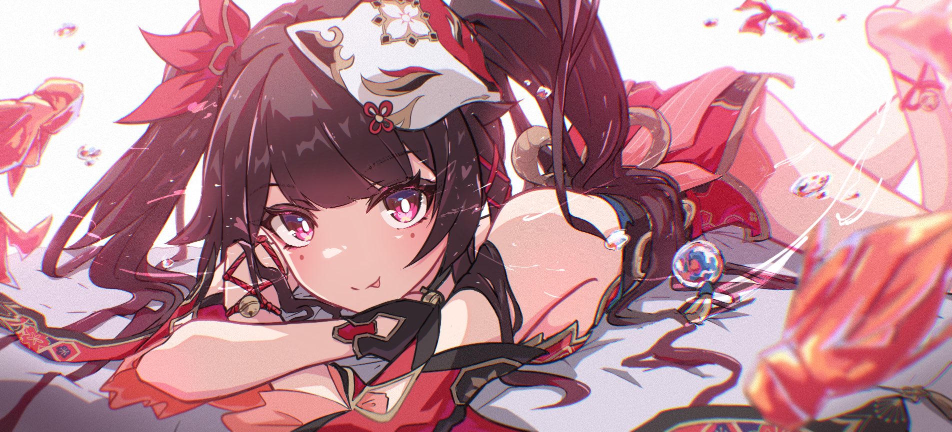 Anime 1904x865 Honkai: Star Rail artwork Sparkle (Honkai: Star Rail) anime anime girls brunette red eyes twintails kemono long hair fox mask mask in bed fish looking at viewer tongues tongue out feet in the air lying down lying on front bright background bells BloodzMoon arms crossed