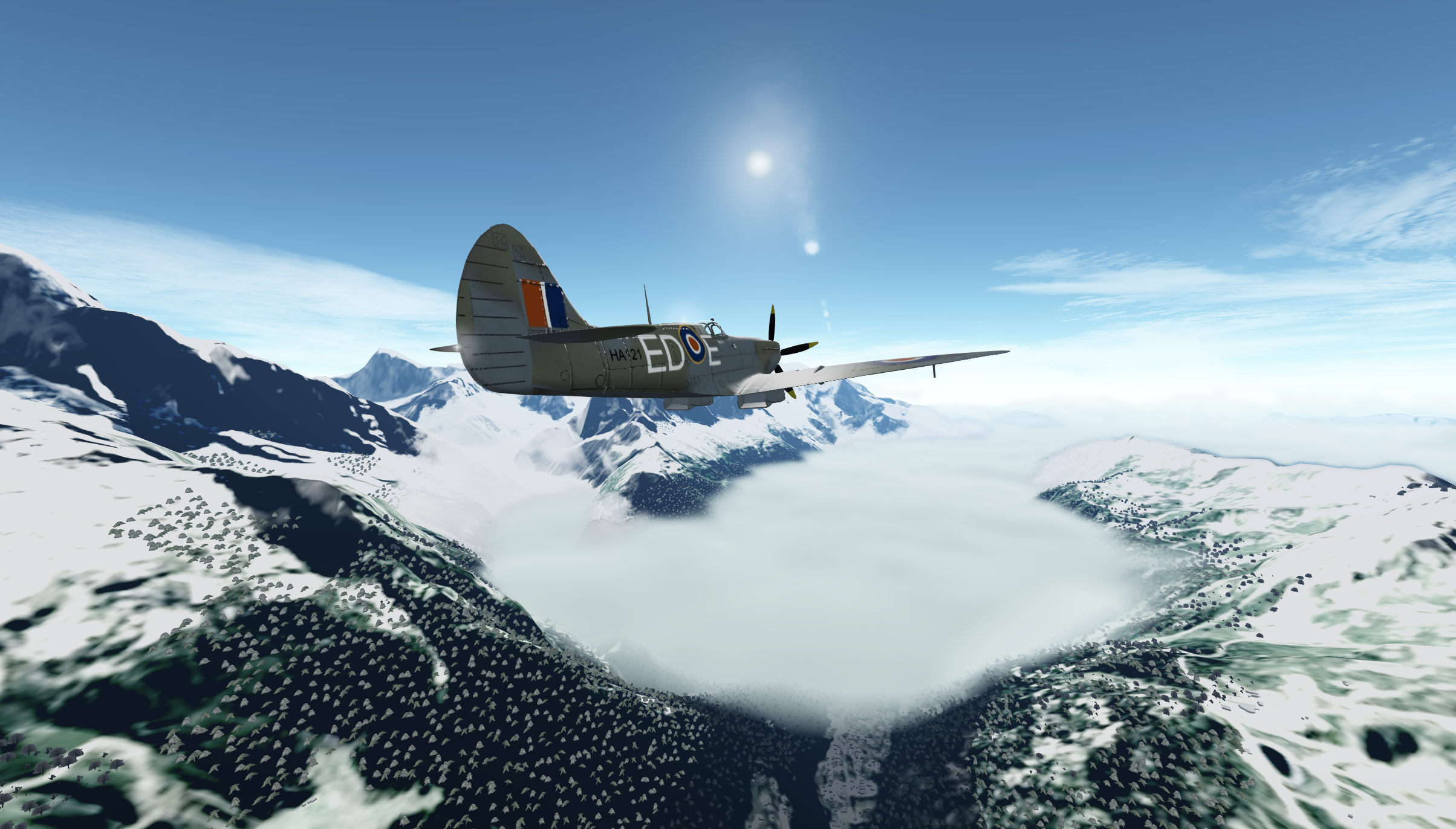 General 2408x1372 aircraft jet fighter snow mountains scenery clouds overcast video games video game art screen shot flying sky CGI sunlight rear view Sun