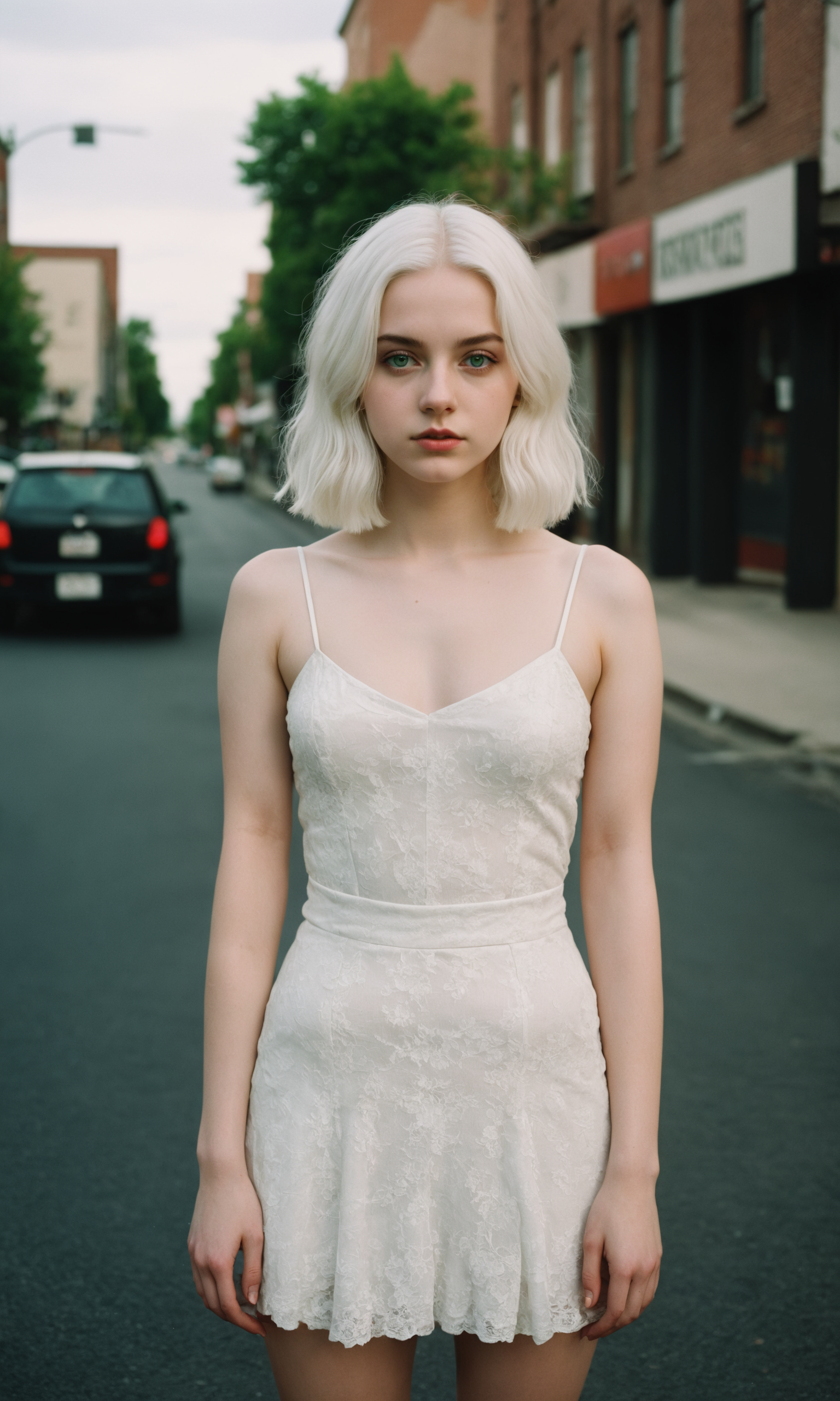 General 1536x2560 AI art Stable Diffusion women white hair shoulder length hair dress looking at viewer standing portrait display building vehicle taillights depth of field white dress women outdoors street parted lips collarbone car