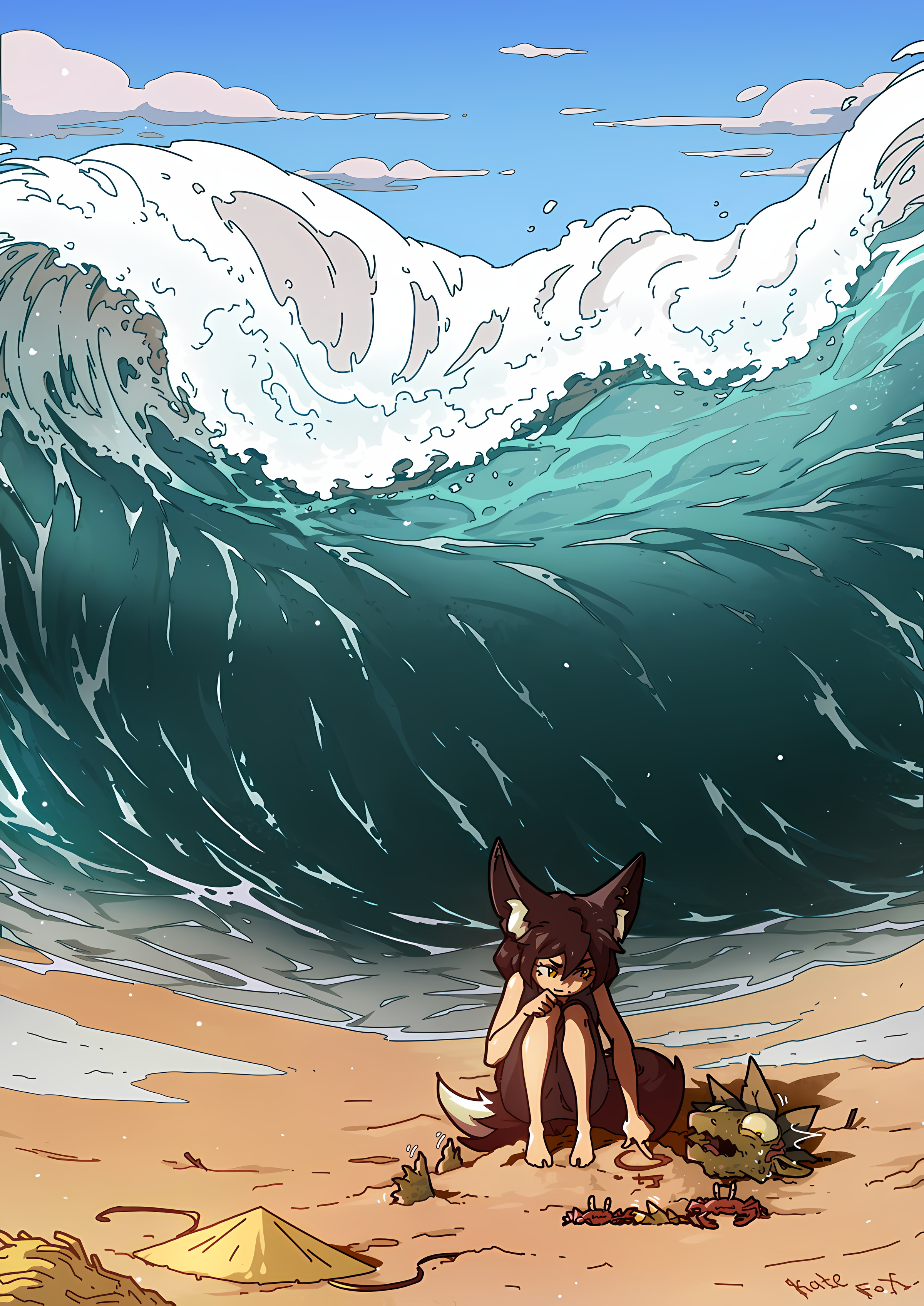 Anime 2400x3392 Kate-FoX fox girl fox ears portrait display beach women on beach signature anime girls hair between eyes smiling squatting brunette brown eyes closed mouth sand crabs water anime tsunami sky clouds hat fox tail outdoors women outdoors
