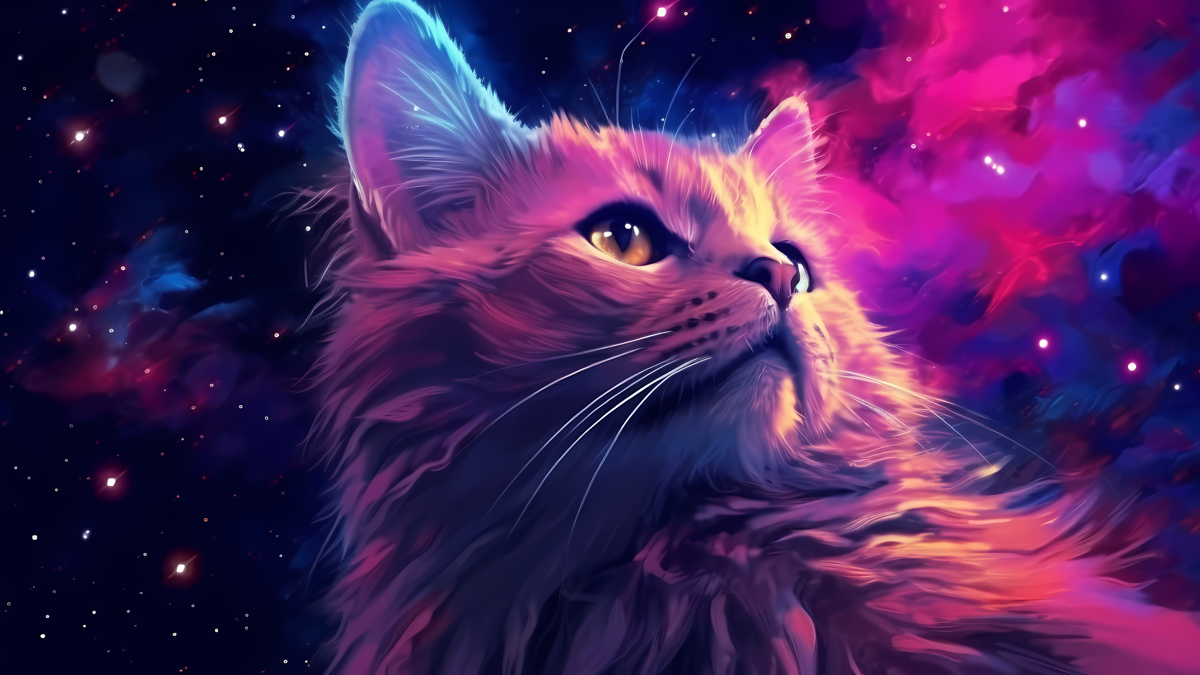 General 3840x2160 cats stars nebula AI art animals looking away whiskers galaxy