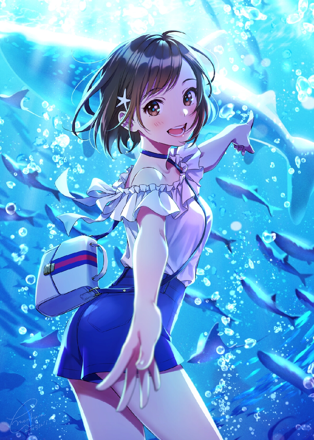 Anime 1080x1514 anime girls aquarium portrait display whale animals water bubbles purse finger pointing arms reaching looking at viewer short hair brunette brown eyes