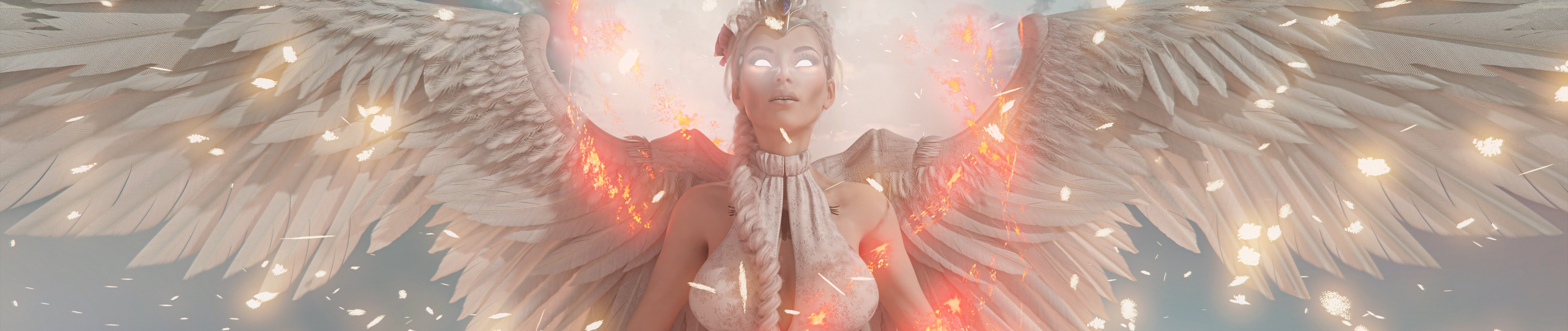 General 5120x1080 CGI adult games Shards of Her fantasy girl wings magic glowing eyes women braids digital art ultrawide