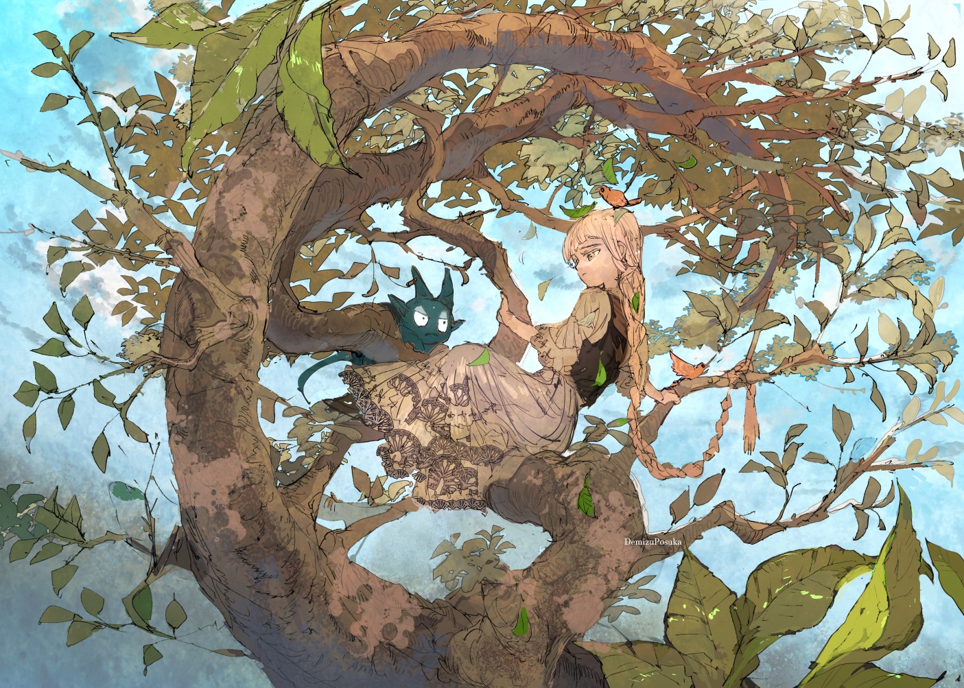 Anime 1405x1003 anime anime girls trees branch leaves birds long hair dress blonde braids