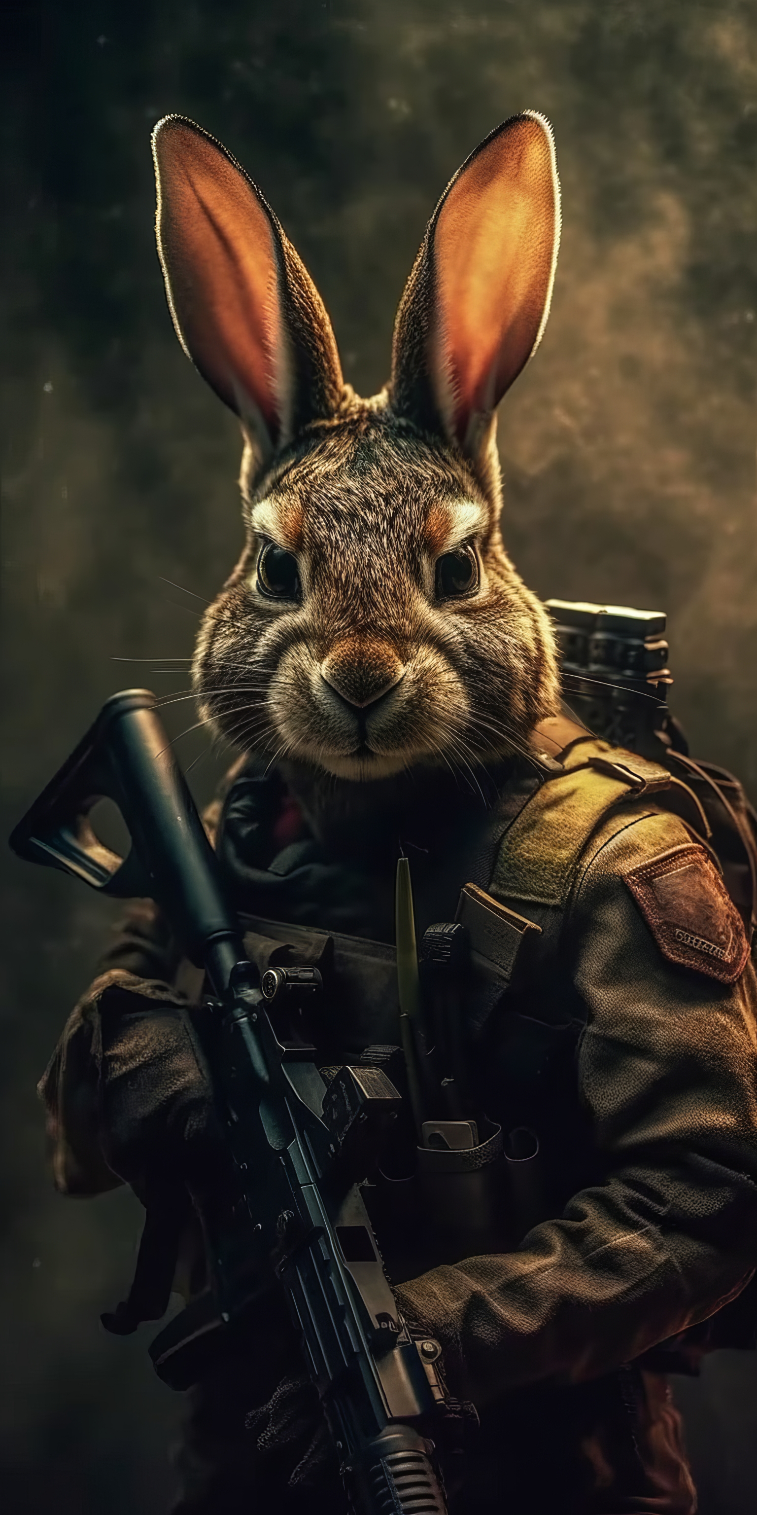 General 1536x3072 AI art rabbits tactical soldier portrait display gun looking at viewer simple background minimalism uniform
