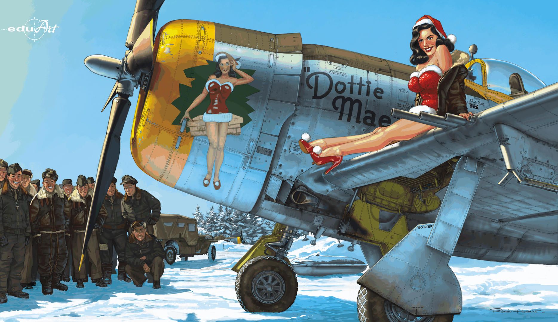 General 1868x1080 aircraft army military military vehicle women men snow artwork Santa hats Christmas clothes heels pinup models pilot Crew US Air Force bomber jacket brunette red heels World War II Republic P-47 Thunderbolt airplane wing sitting group of men standing Santa outfit fur trim signature watermarked