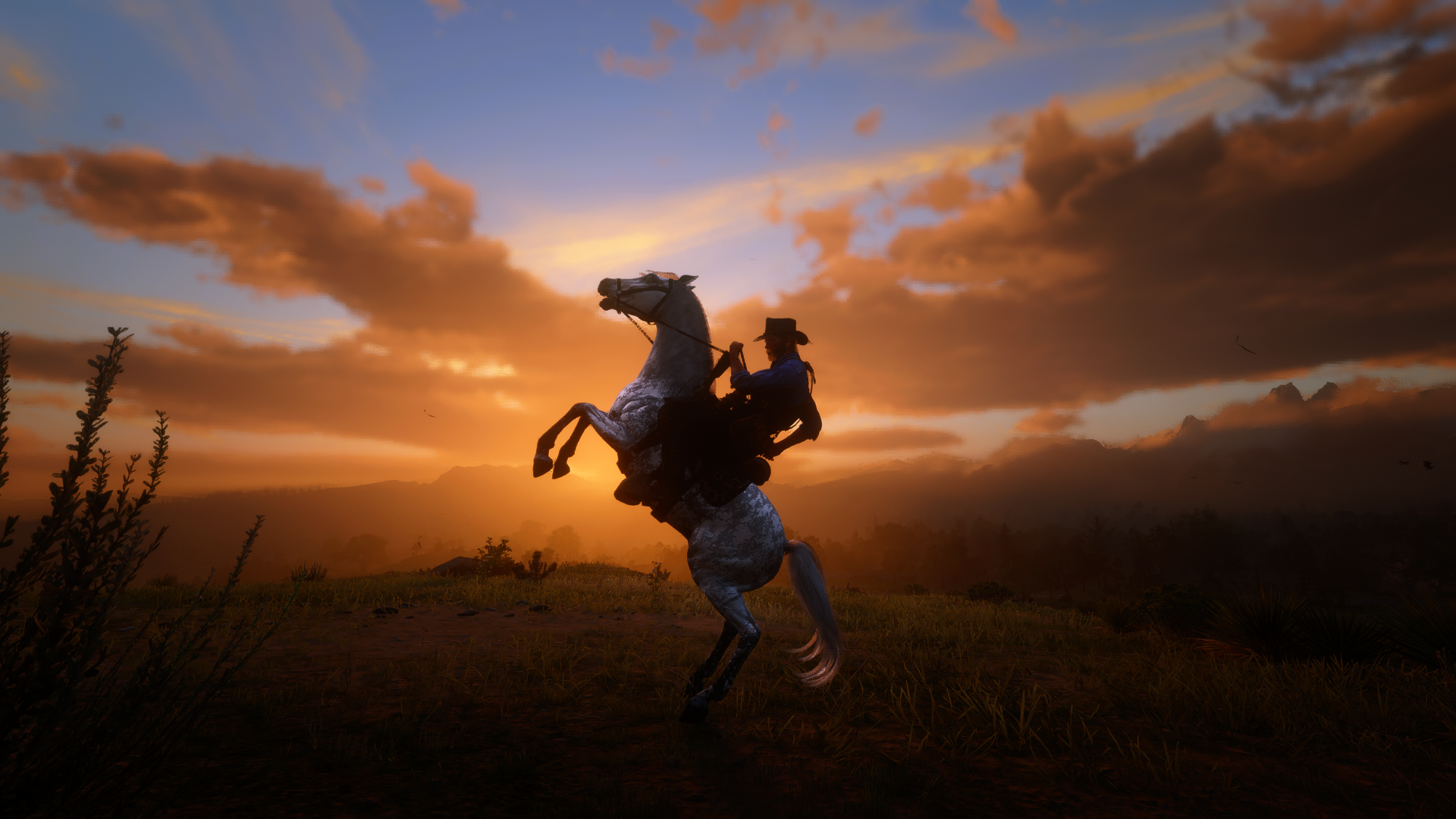 General 1920x1080 Red Dead Redemption 2 Arthur Morgan video games sky clouds CGI horse hat sunset glow sunset grass