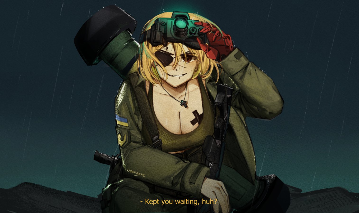 Anime 1514x900 Ukraine anime girls night vision goggles FGM-148 Javelin blonde text eyepatches scars cross Azov-Chan rain cleavage smiling looking at viewer necklace