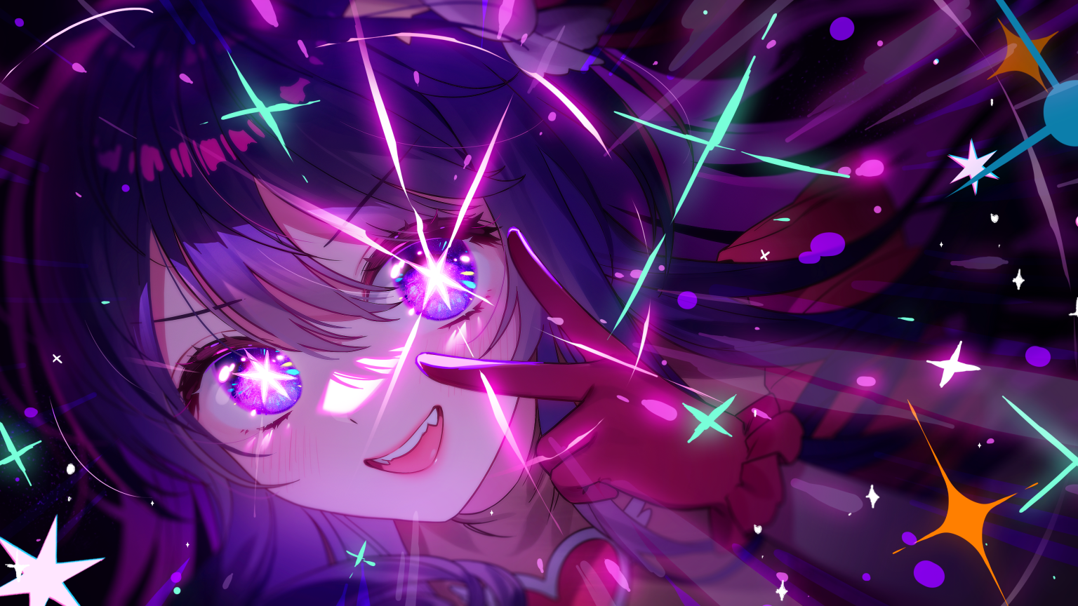 Anime 1536x864 purple hair purple eyes star eyes Oshi no Ko anime girls gloves blushing smiling long hair stars looking at viewer Hoshino Ai