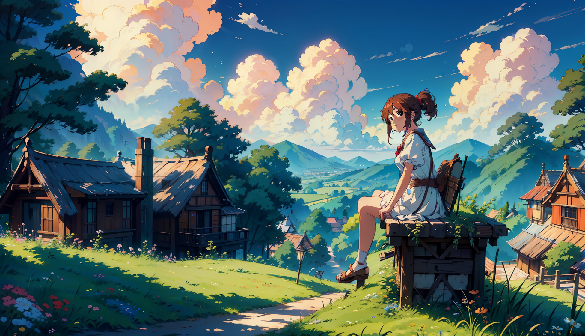 General 1952x1120 AI art Stable Diffusion brunette fantasy girl clouds sky wood house trees flowers grass mountains sitting looking at viewer ponytail