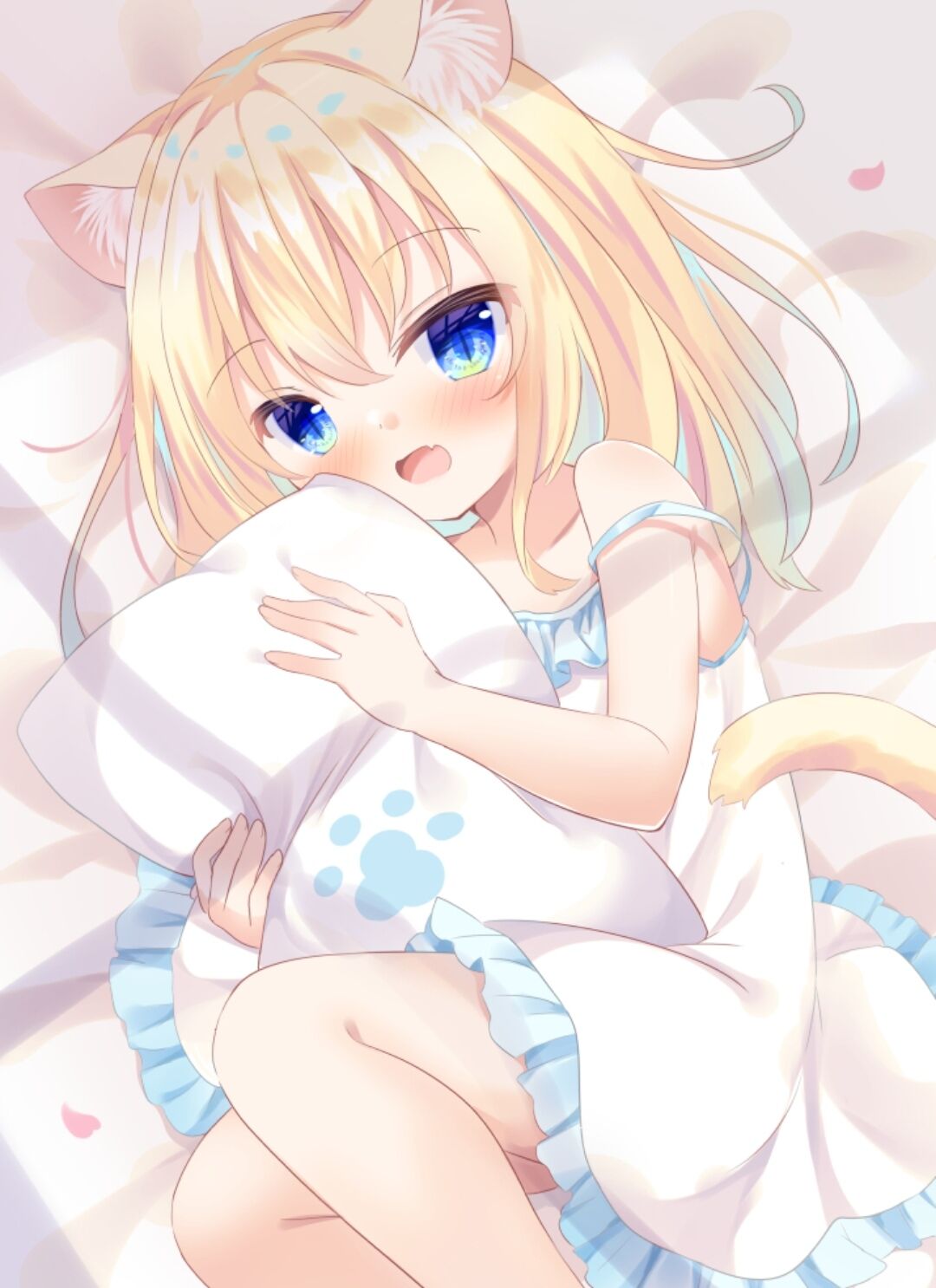 Anime 1080x1486 cat girl lying down cat ears cat tail blushing portrait display looking at viewer pillow anime girls blue eyes blonde loli