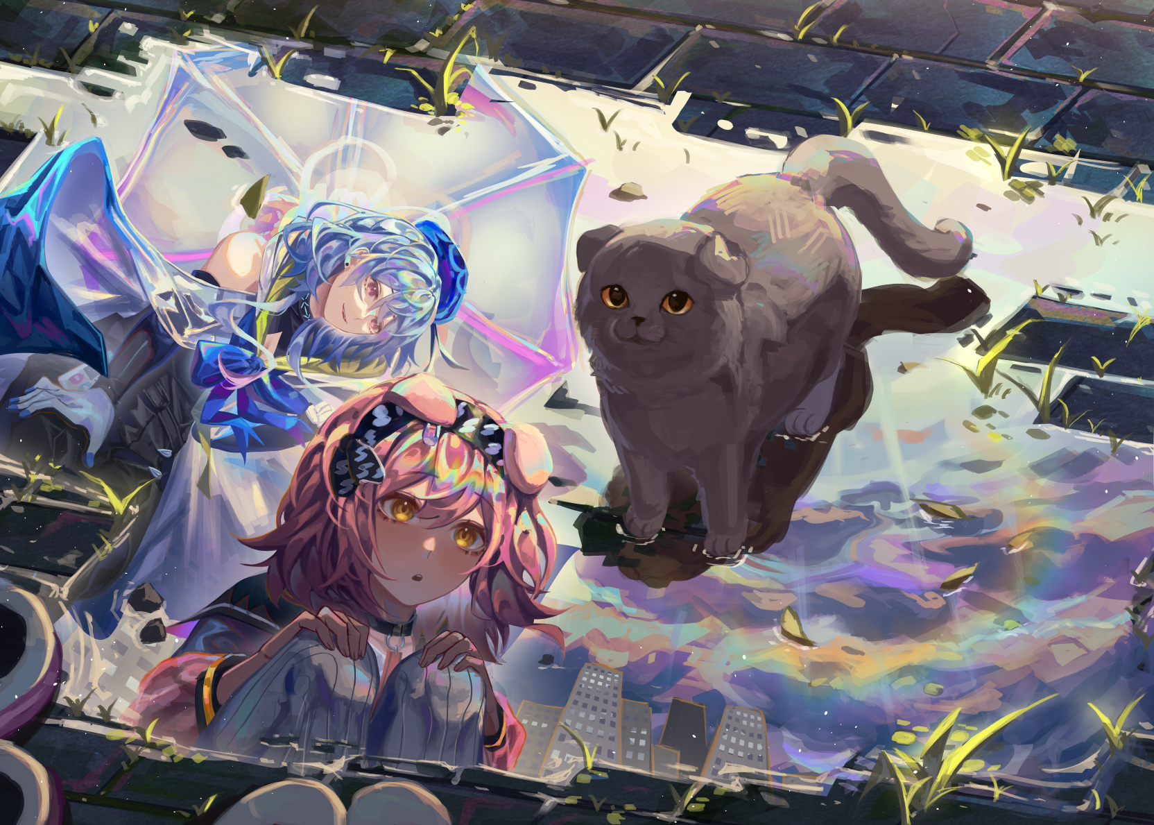 Anime 1664x1189 anime Pixiv anime girls umbrella animal ears cats animals squatting leaves water reflection puddle Arknights
