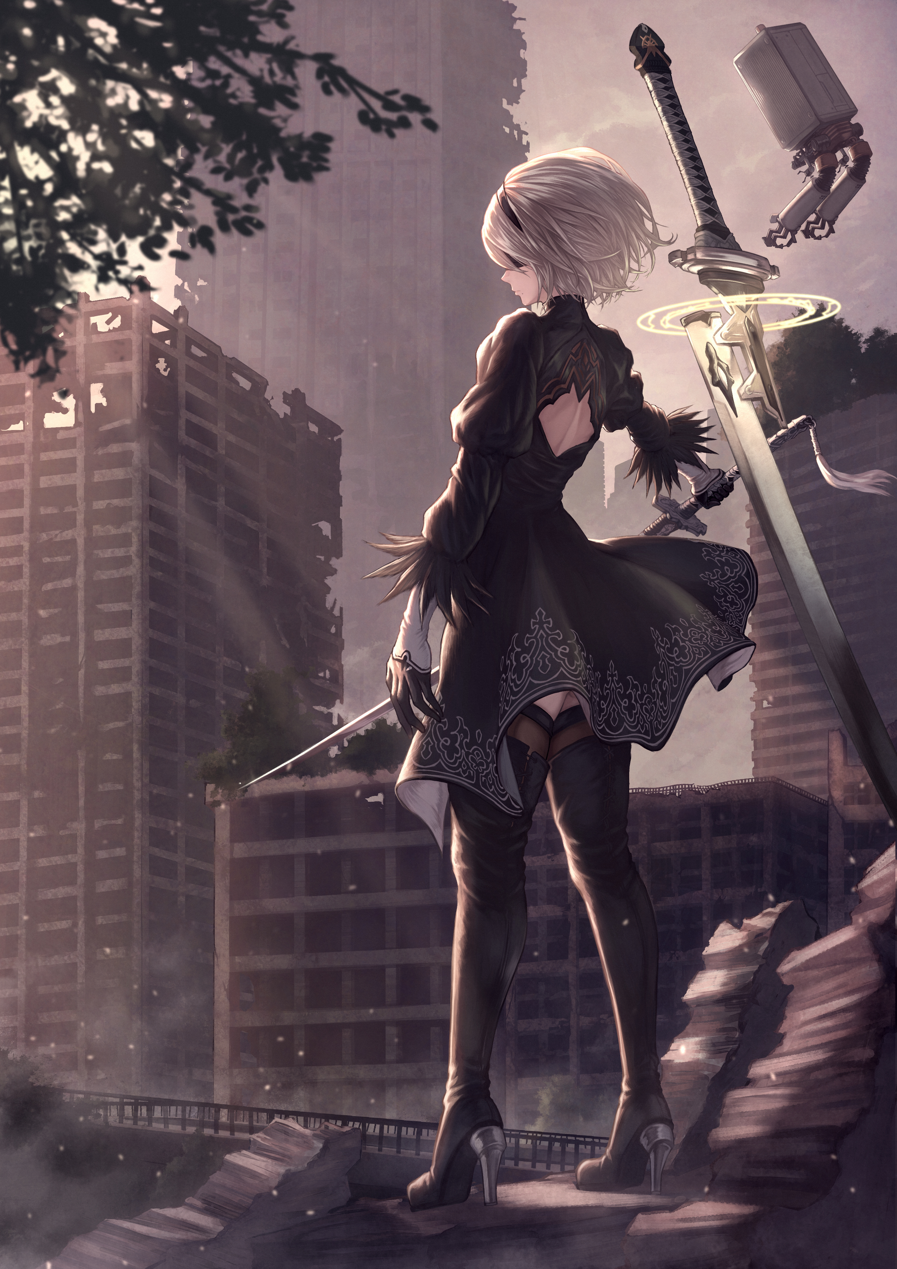 Anime 2894x4093 Nier: Automata 2B (Nier: Automata) anime girls short hair weapon looking away portrait display video games sunlight video game characters video game girls building AI art