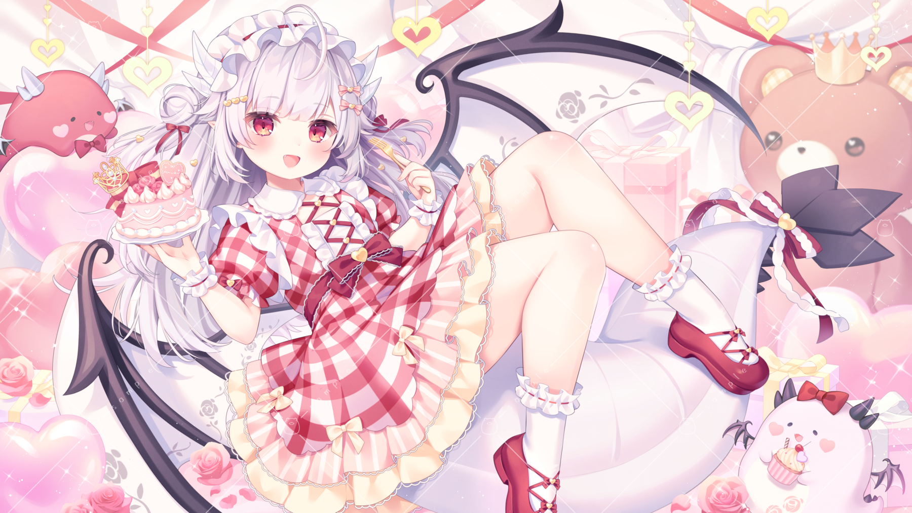 Anime 1800x1013 anime girls anime wings dress cake shoes teddy bears bow tie looking at viewer long hair blushing flowers petals heart stars loli