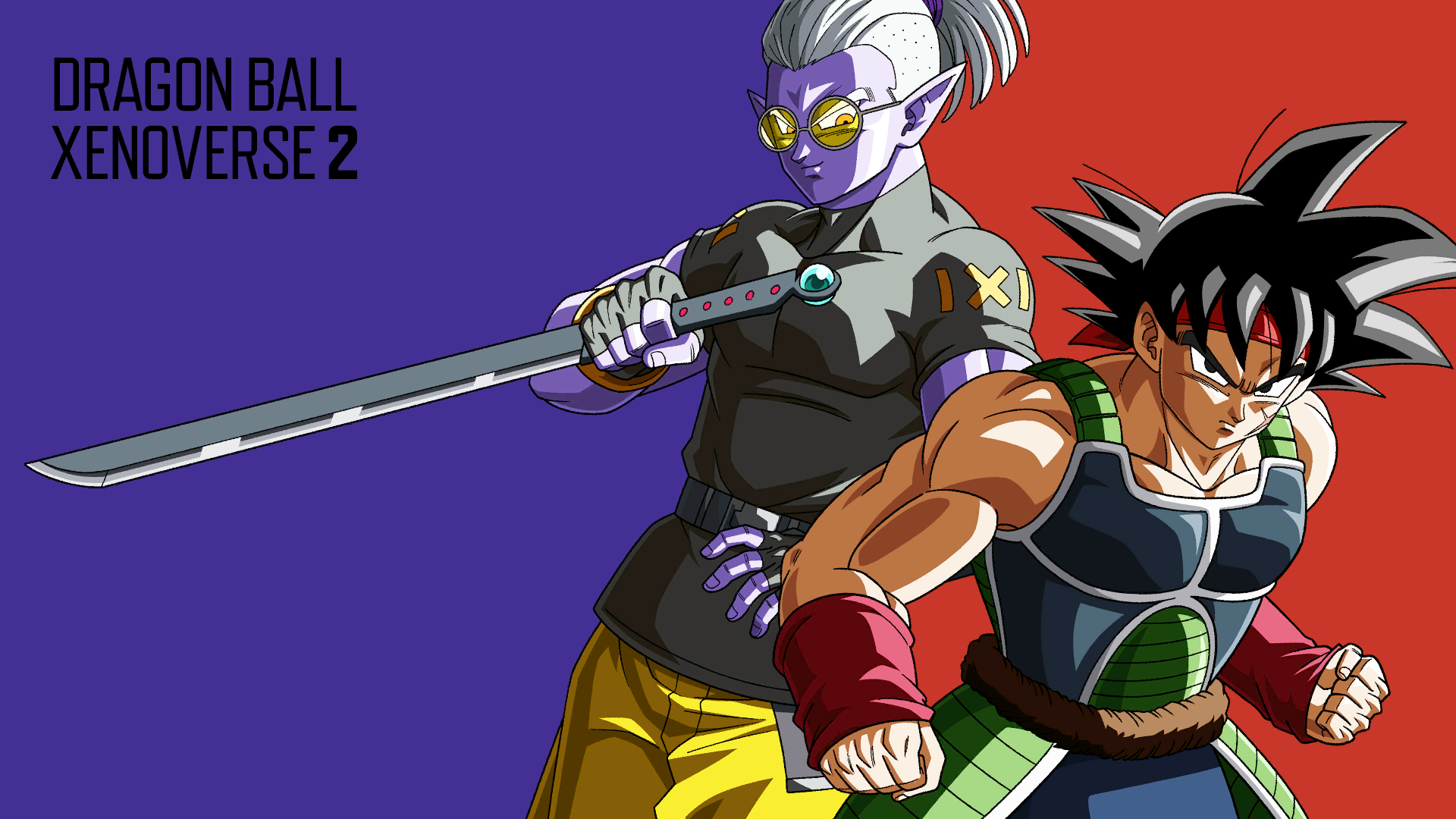 Anime 1920x1080 Dragon Ball Dragon Ball Xenoverse 2 Bardock anime men muscles armor looking at viewer bandanas sword weapon smiling pointy ears minimalism simple background