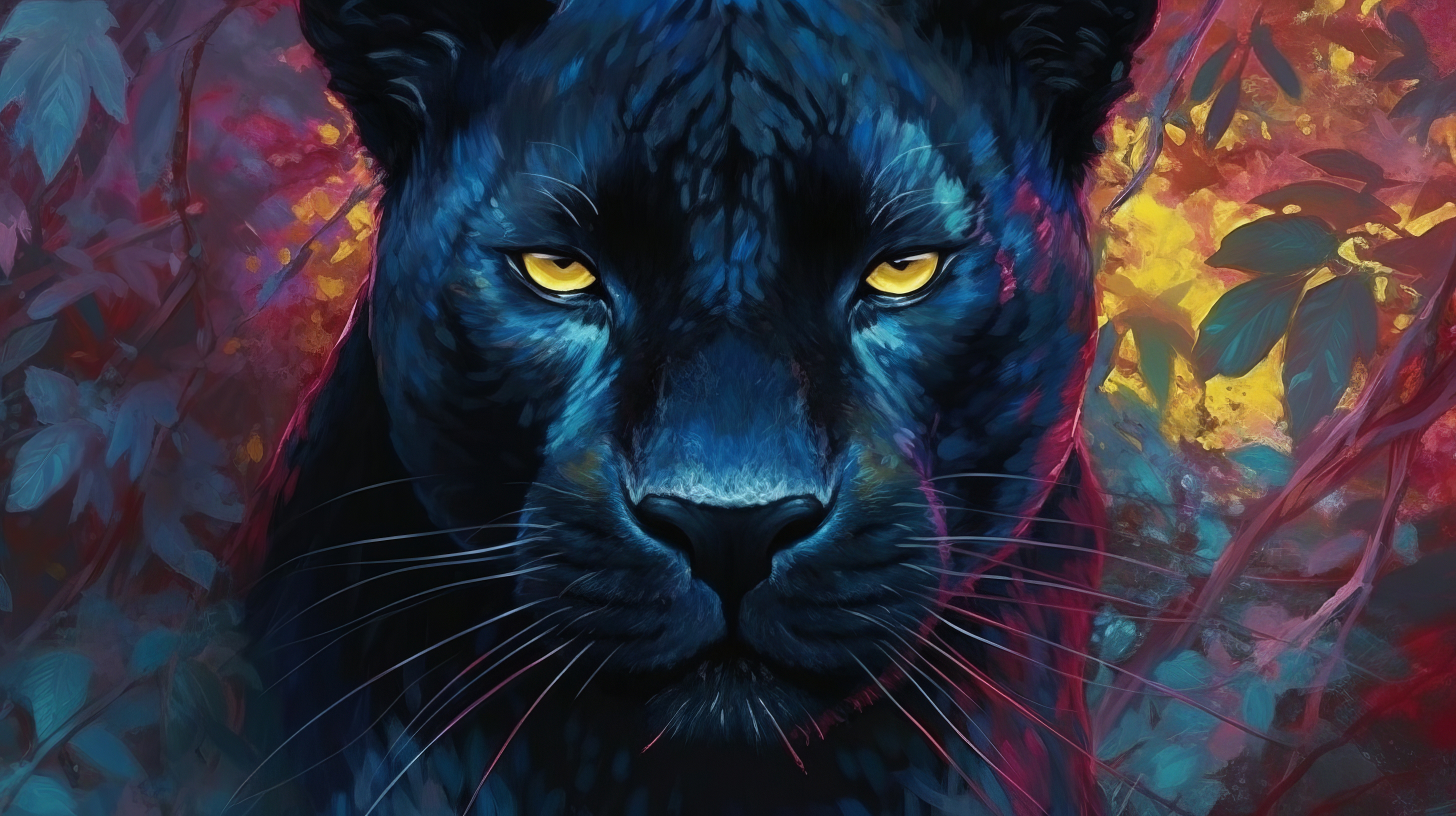 General 2912x1632 AI art illustration panthers animals whiskers looking at viewer leaves