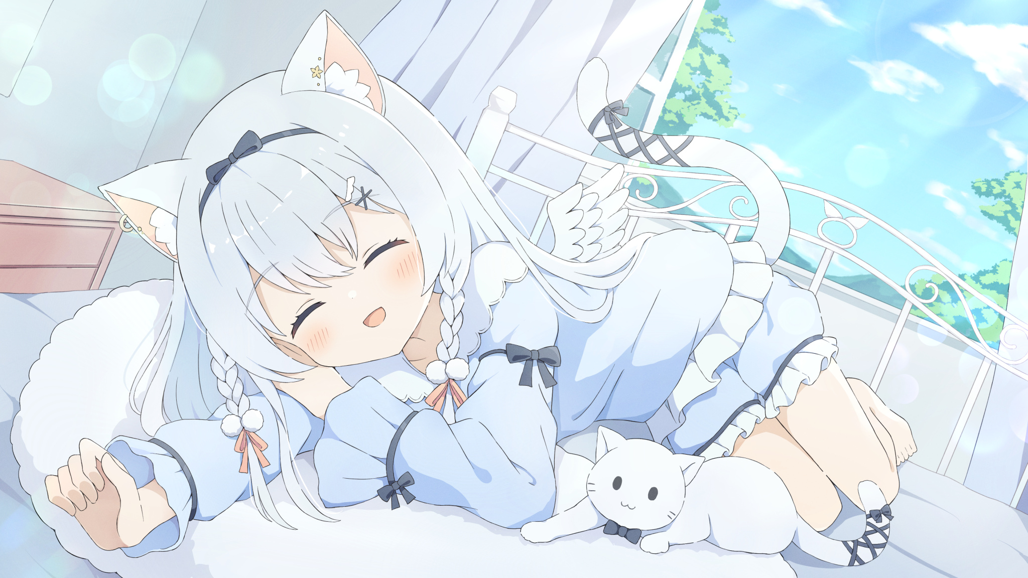 Anime 2048x1152 cat girl original characters anime girls cat ears cat tail lying on front braids wings cats bow tie sunlight curtains sky clouds bed closed eyes blushing earring