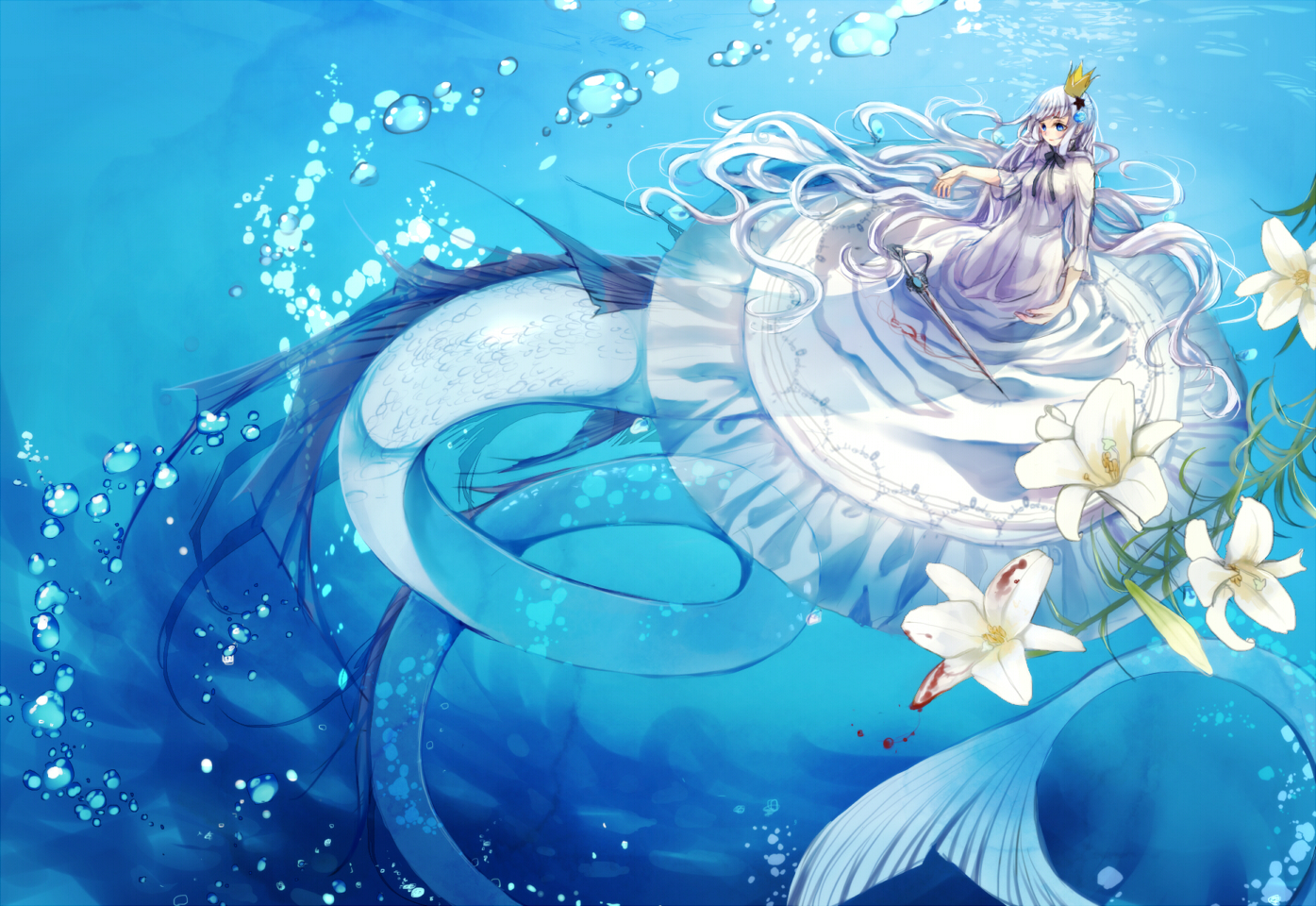 Anime 1395x960 anime anime girls water flowers bubbles tail mermaids long hair dress underwater blood crown weapon
