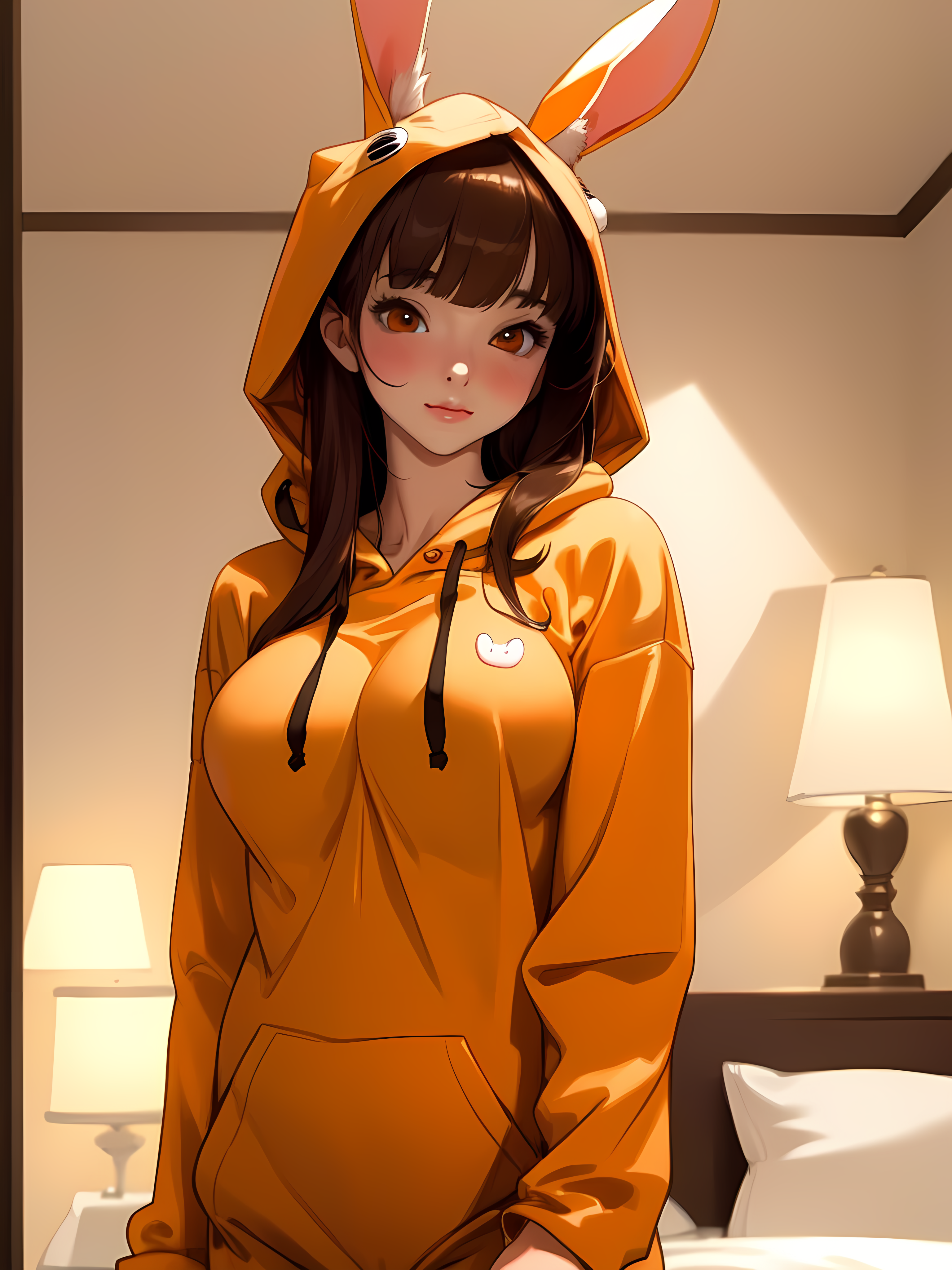 Anime 3072x4096 AI art anime girls pyjamas bunny ears hoods looking at viewer orange hoodie blushing long hair brunette portrait display lamp