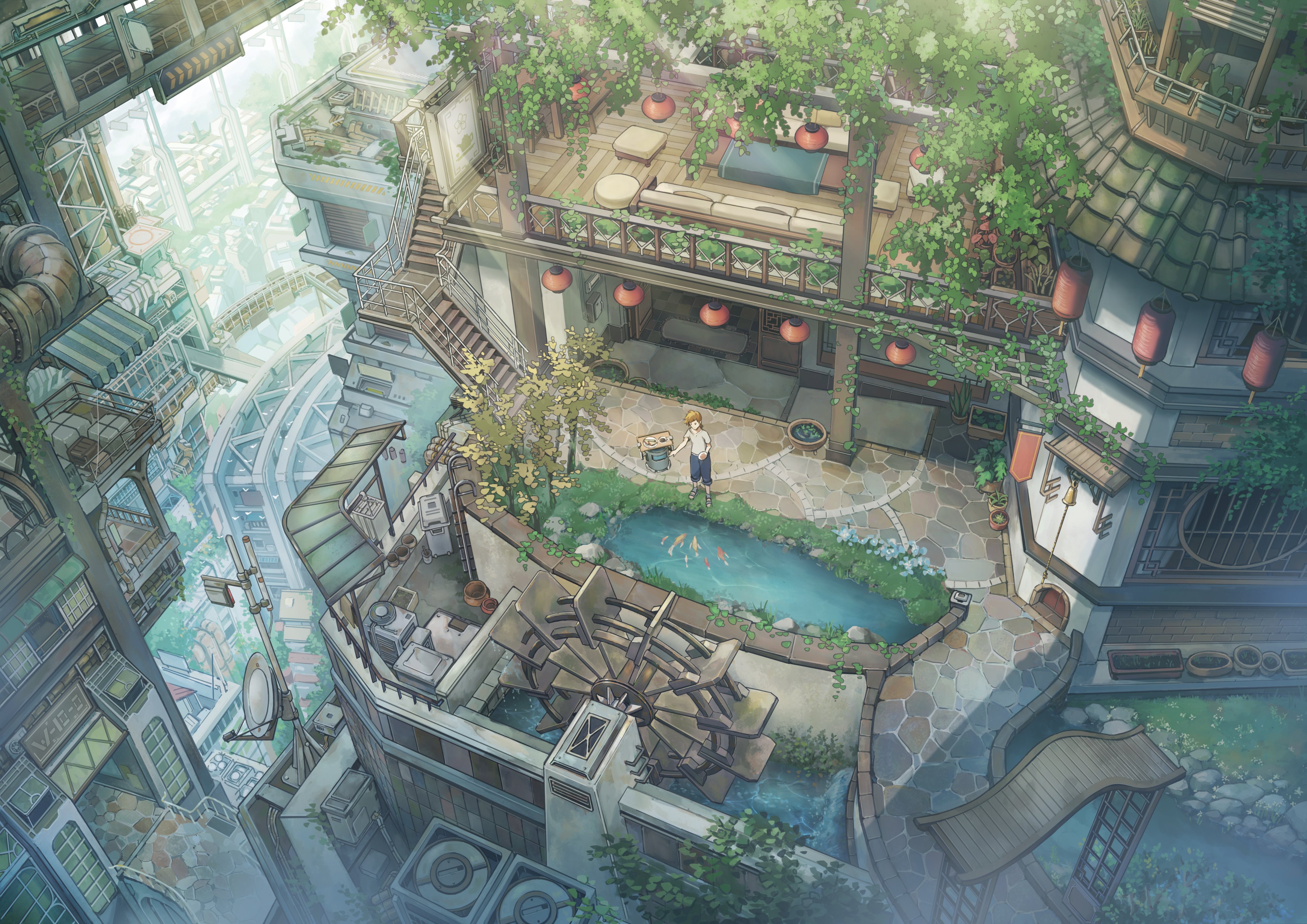 Anime 4096x2896 pond house fantasy architecture fantasy art stairs building water sunlight fish watermills couch digital art