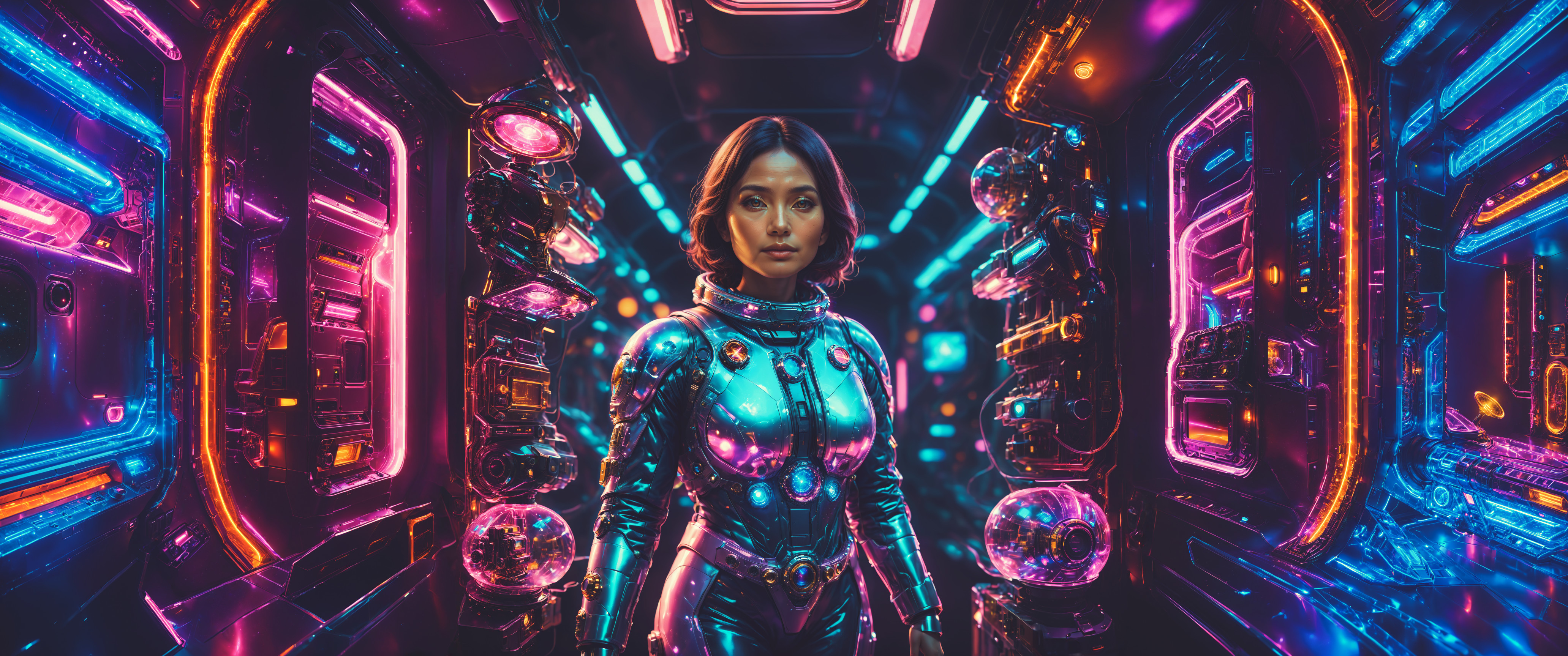 General 4128x1728 AI art ultrawide science fiction science fiction women spaceship neon astronaut