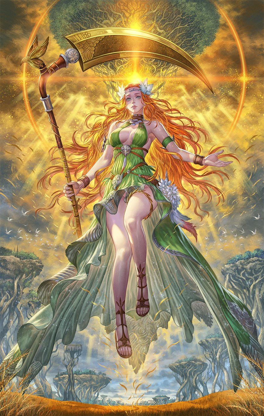 Anime 900x1418 Final Fantasy Nophica portrait display scythe green dress redhead long hair thigh strap boobs hair ornament Arina Nary floating looking at viewer dress weapon sky grass Final Fantasy XIV: Endwalker