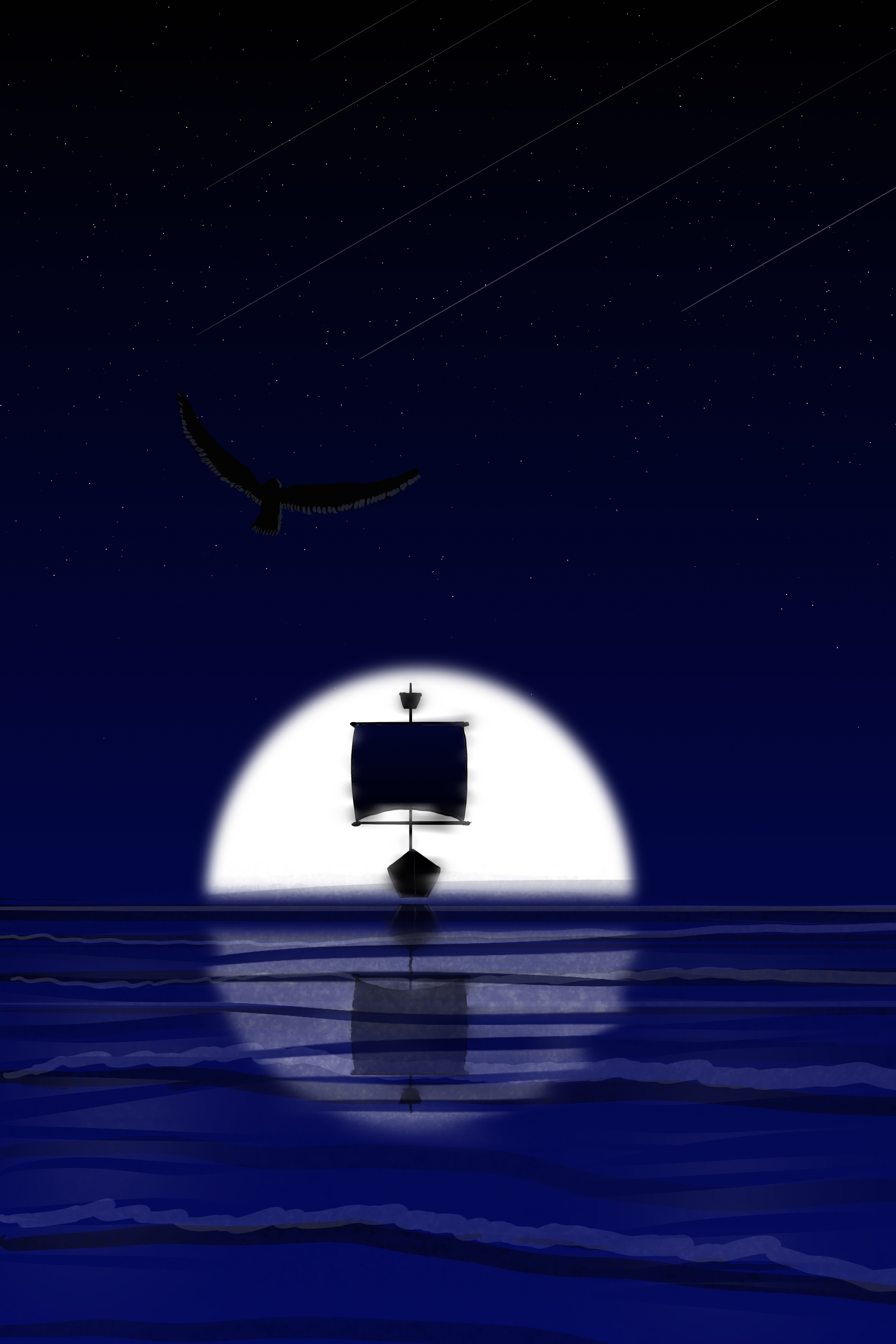 General 2000x3000 Moon sea ship birds water waves night shooting stars